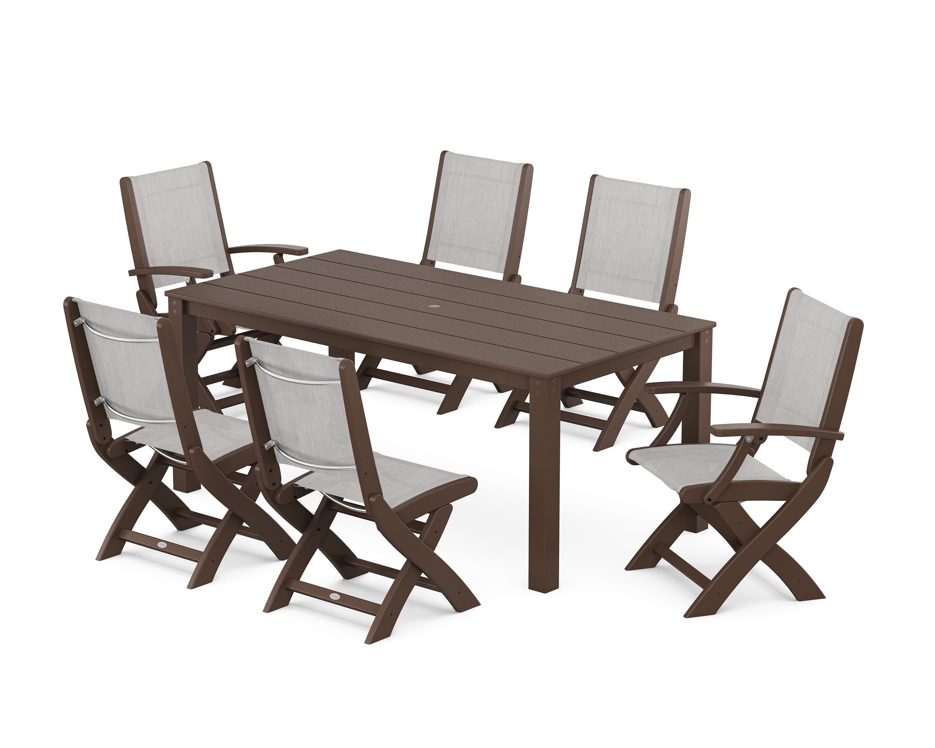 Coastal Folding Chair 7-Piece Parsons Dining Set in Mahogany / Parchment Sling