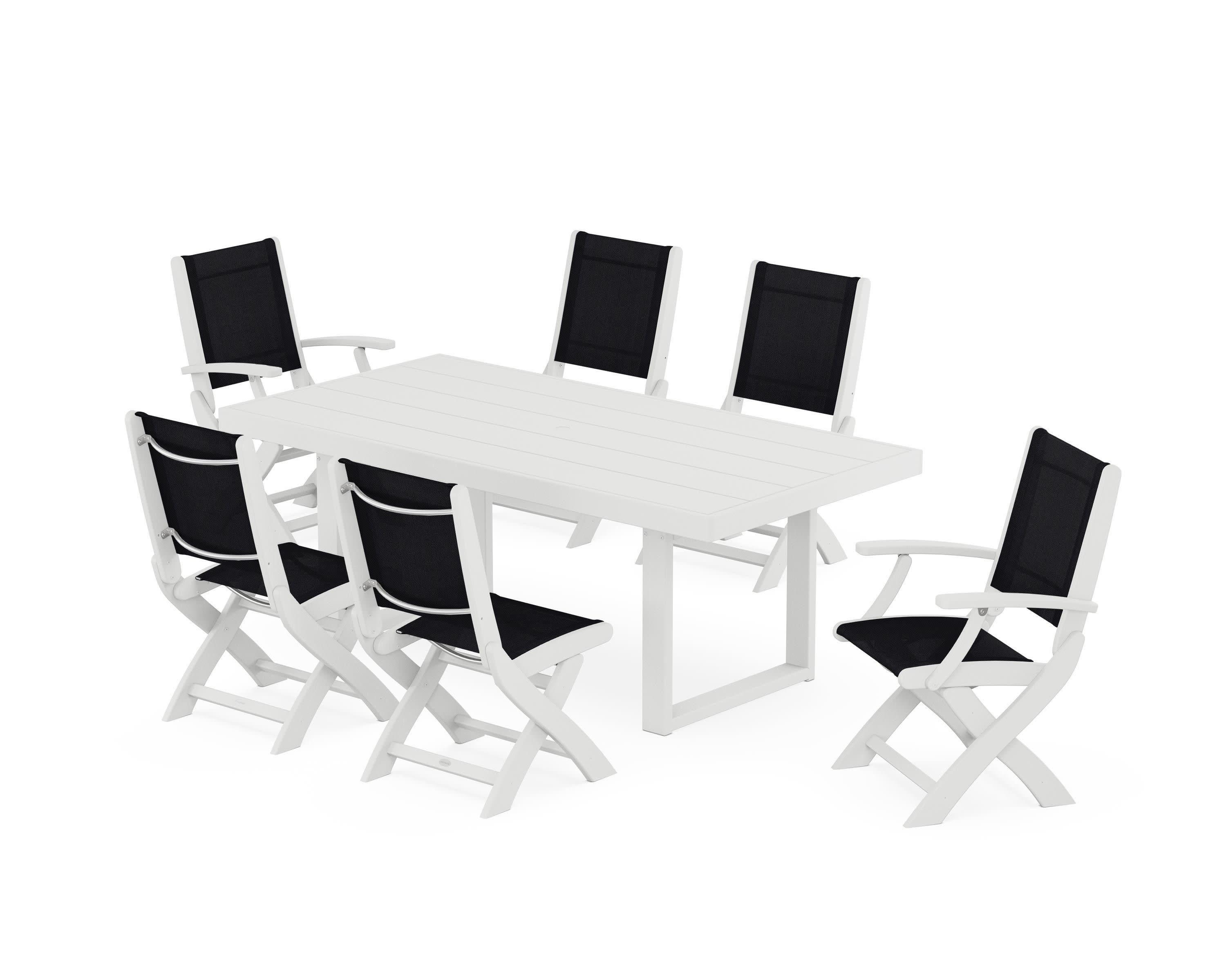 Coastal Folding Chair 7-Piece Dining Set with Trestle Legs in White / Black Sling