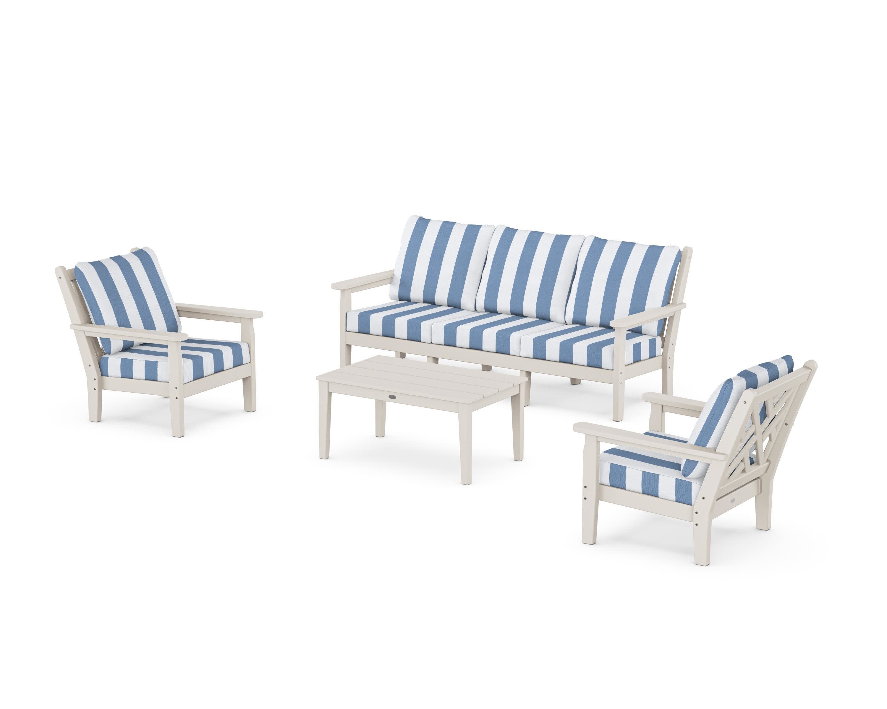 Chippendale 4-Piece Deep Seating Set with Sofa in Sand / Cabana Stripe Sky Blue