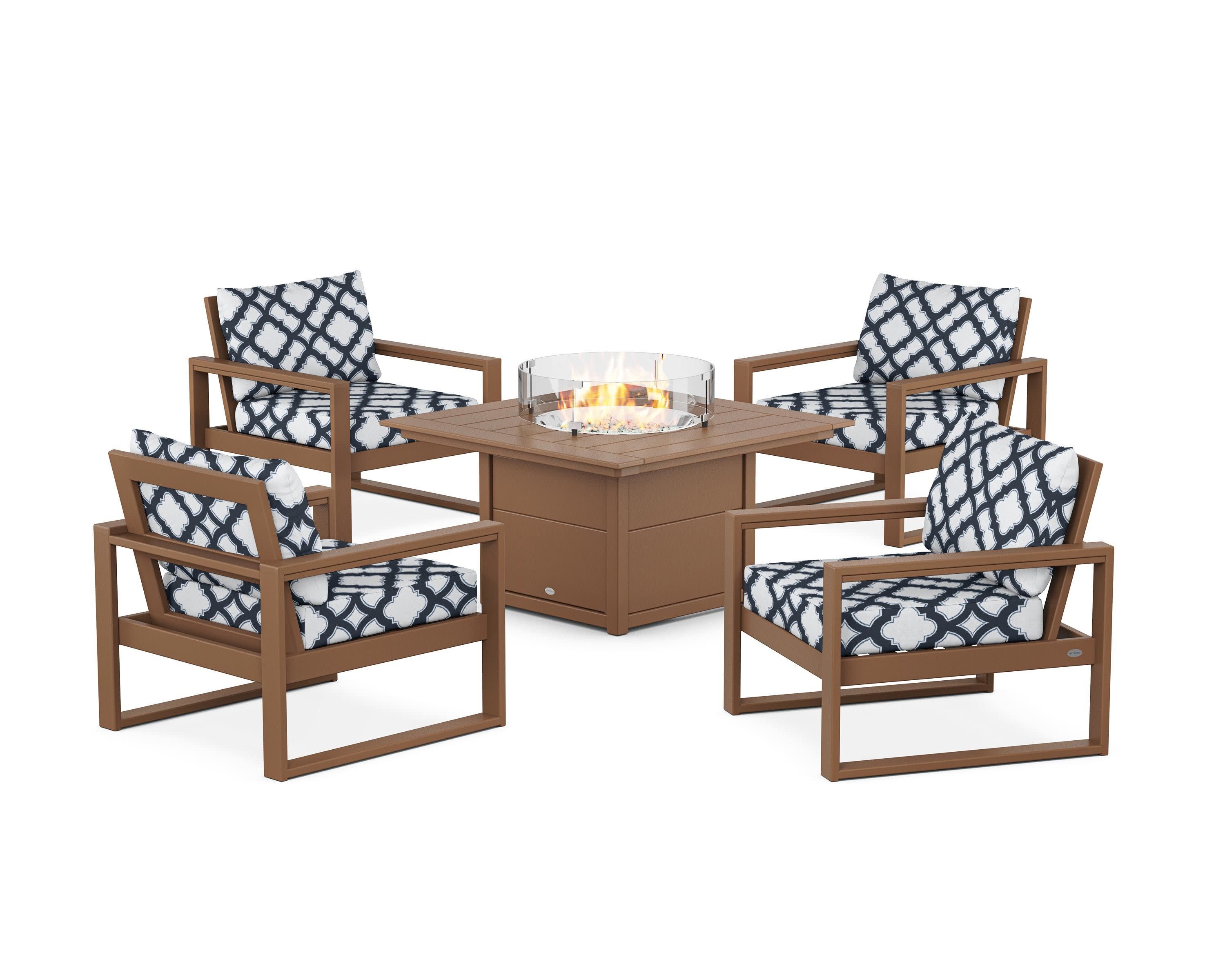 EDGE Sectional 5-Piece Deep Seating Set with Fire Pit Table in Teak / Trellis Marine Indigo