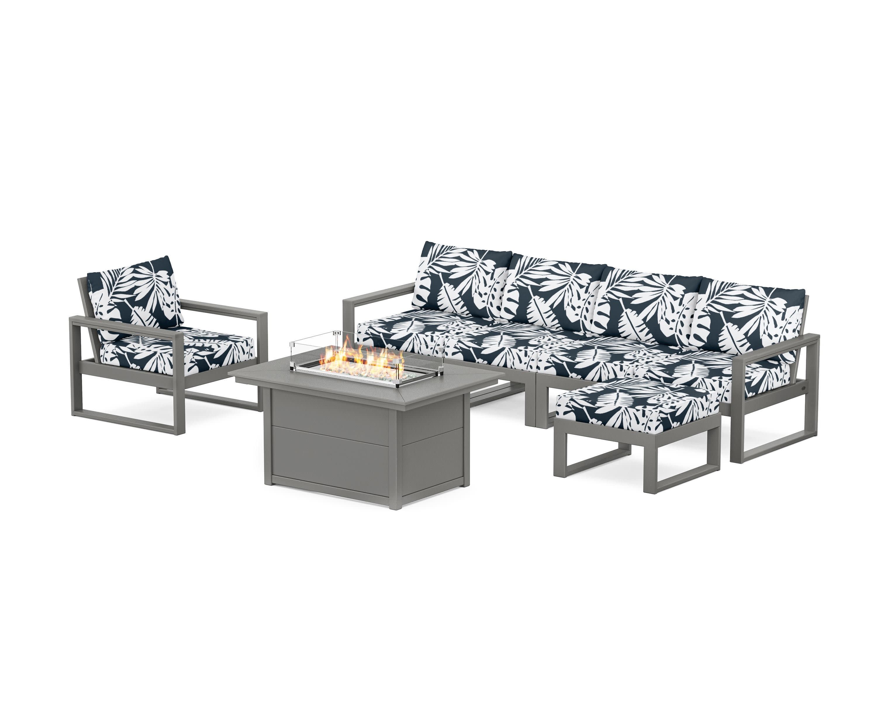 EDGE Sectional Lounge and Fire Pit Set in Slate Grey / Leaf Marine Indigo