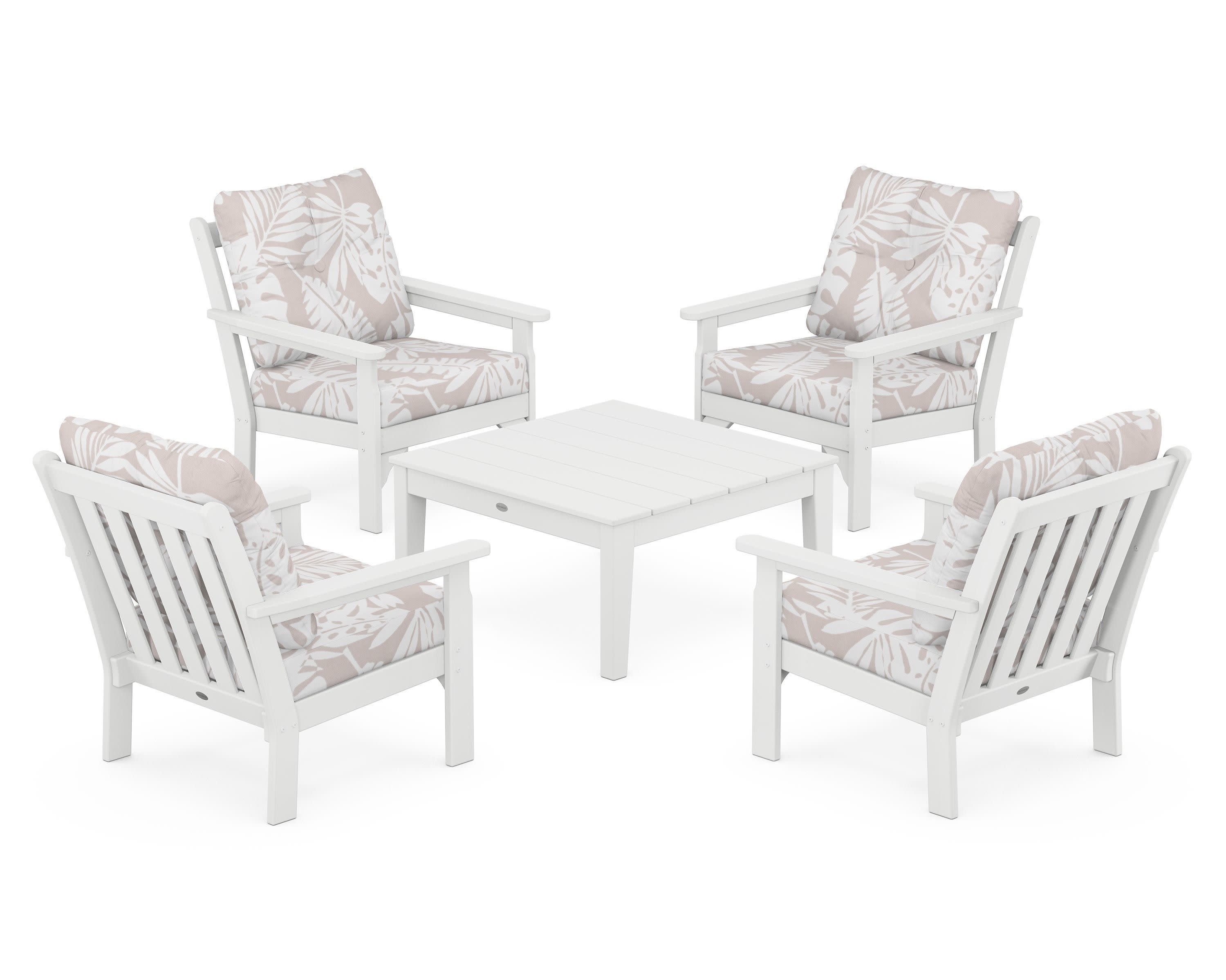 Vineyard 5-Piece Deep Seating Conversation Set in White / Leaf Dune Burlap