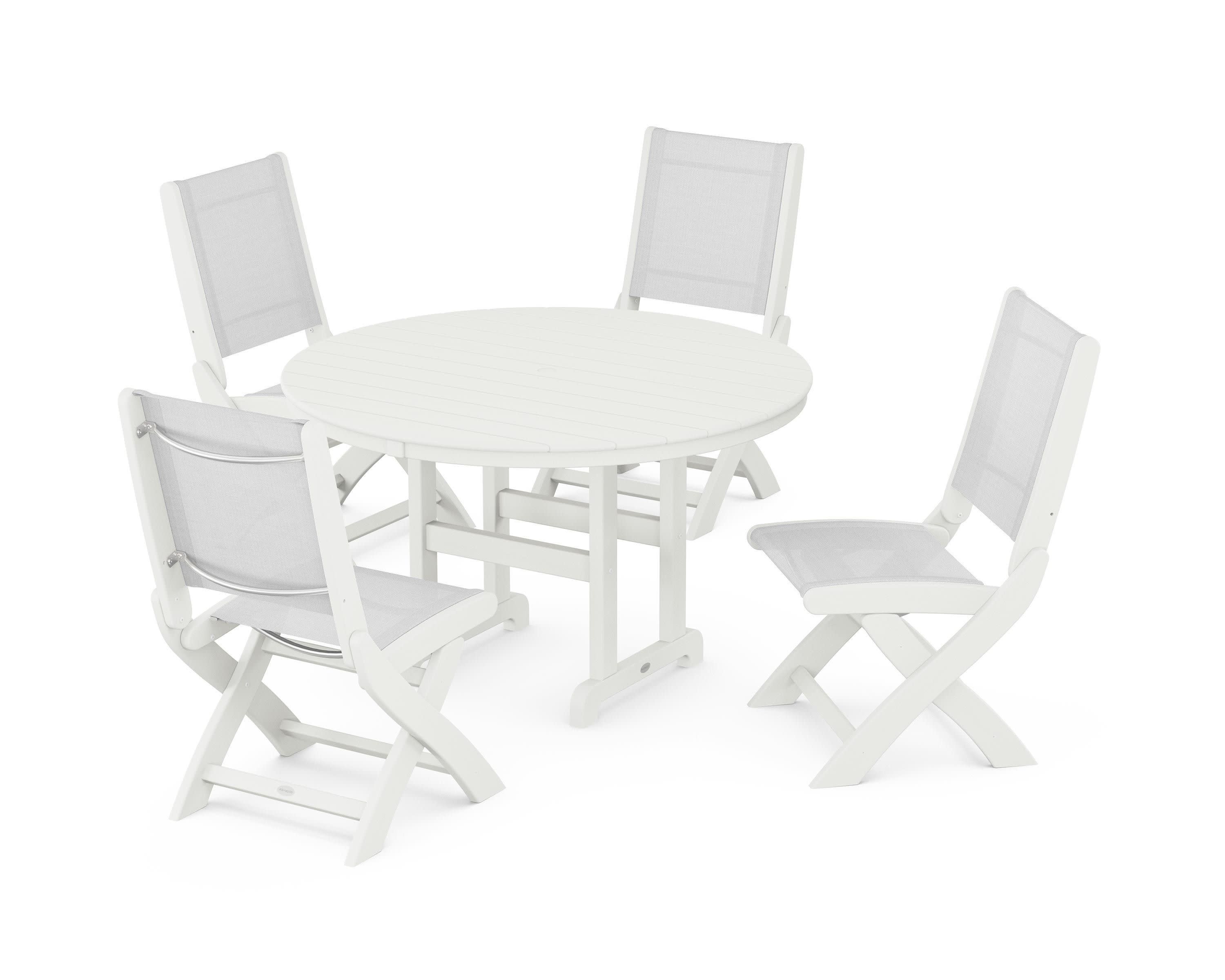Coastal Folding Side Chair 5-Piece Round Dining Set in Vintage White / White Sling