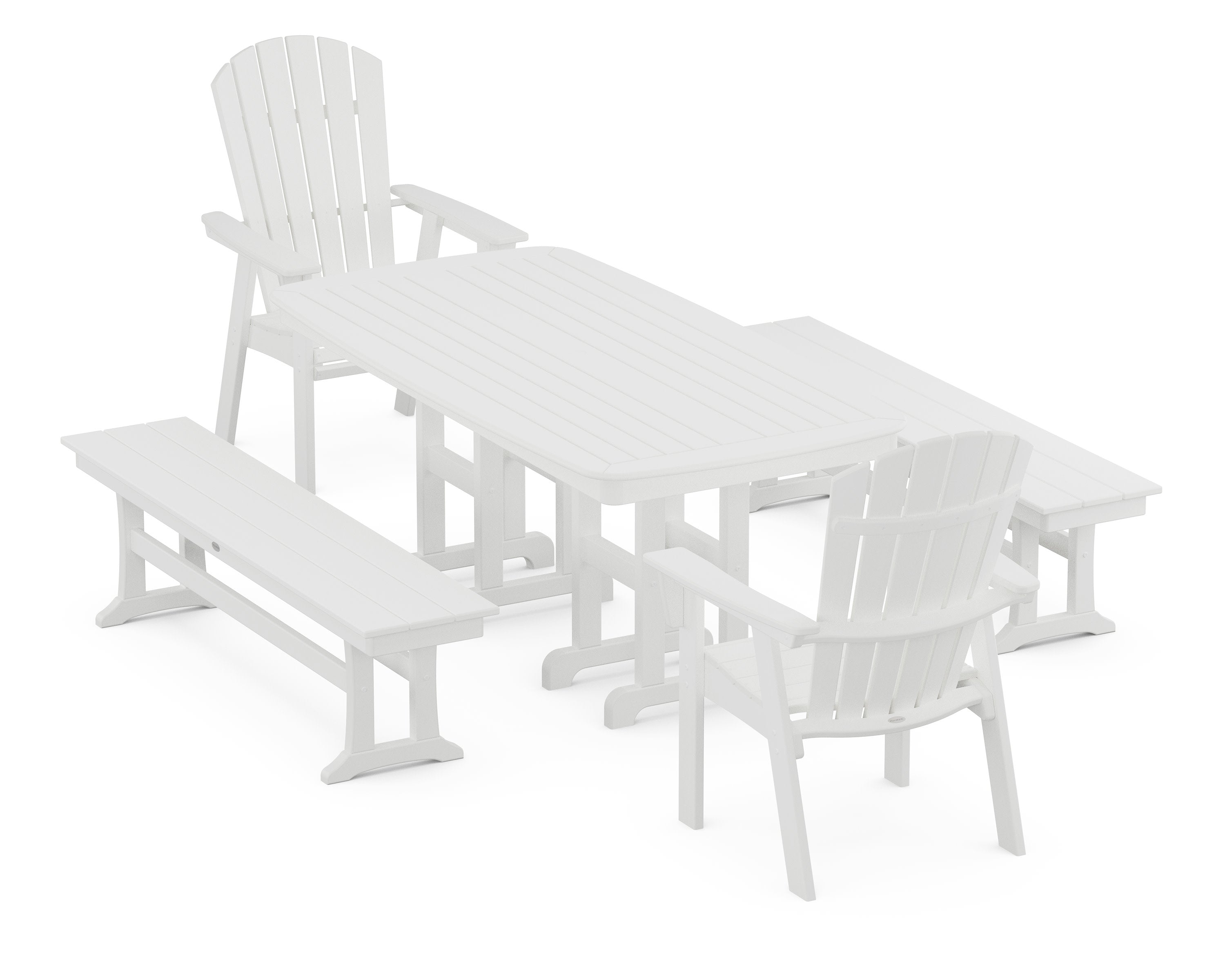 Nautical Curveback Adirondack 5-Piece Dining Set with Benches in White
