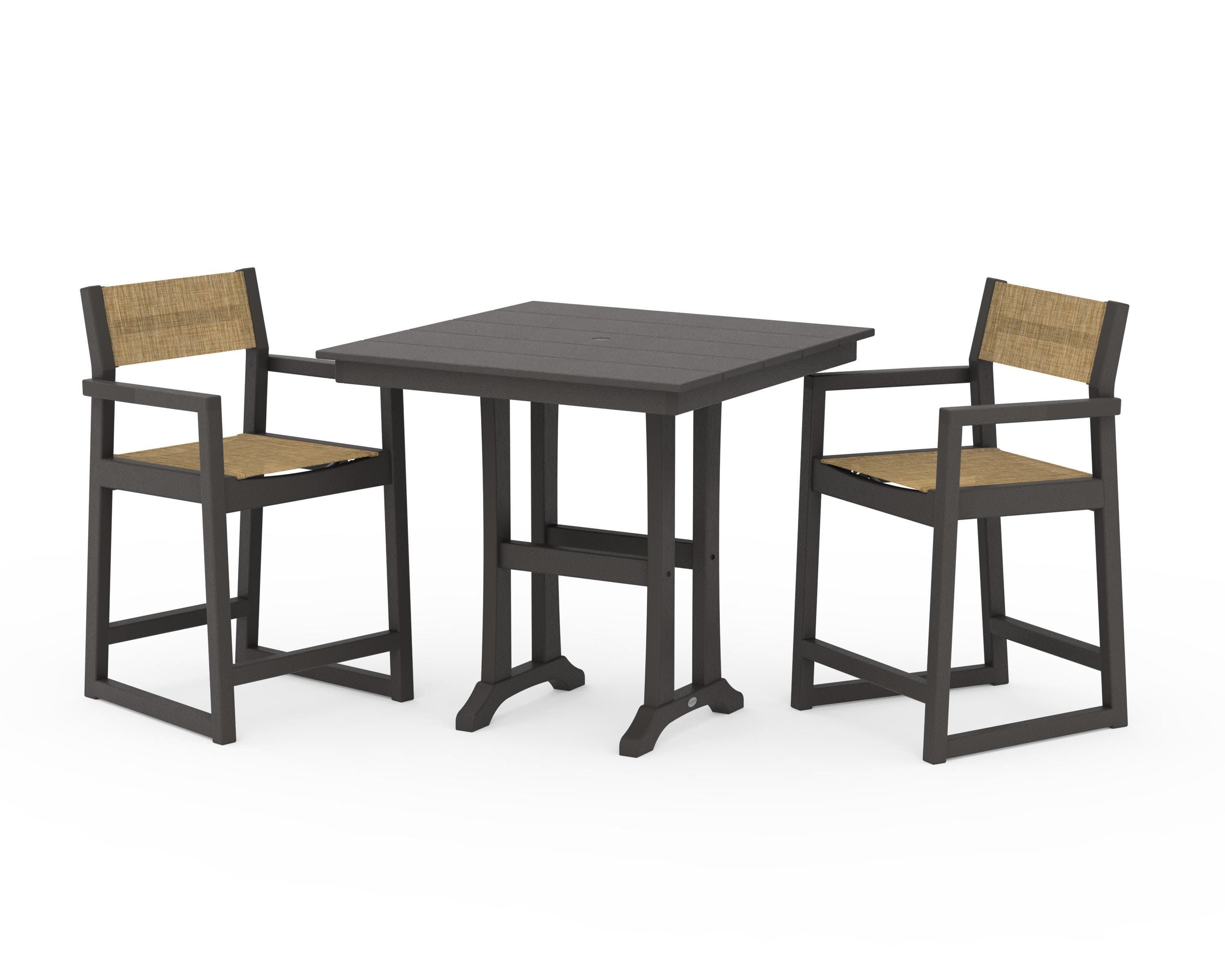EDGE Sling Arm Chair 3-Piece Farmhouse Counter Set with Trestle Legs in Vintage Coffee / Burlap Sling