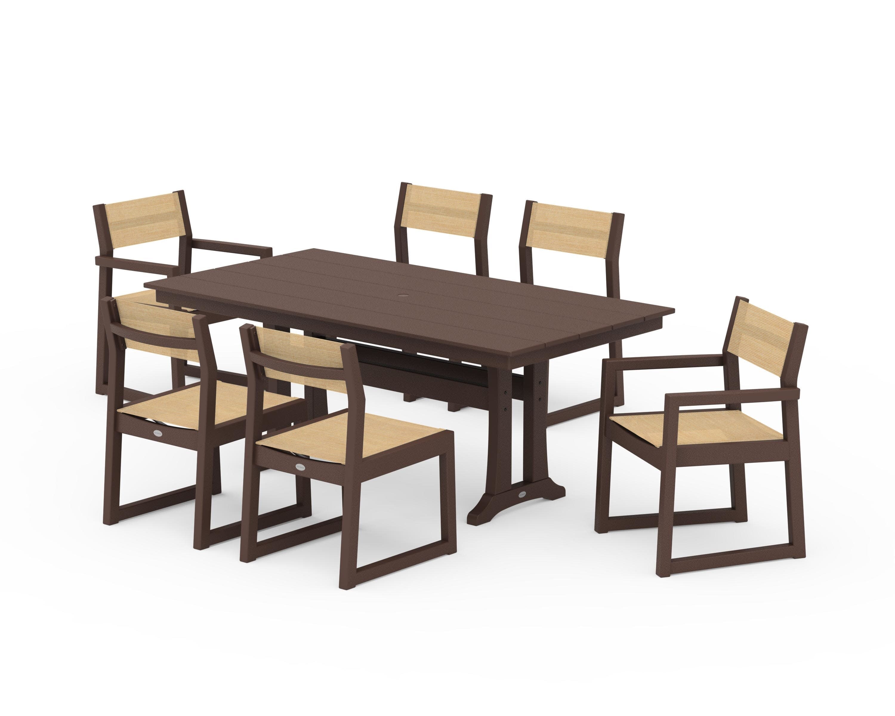 EDGE Sling 7-Piece Farmhouse Trestle Dining Set in Mahogany / Dupioni Apricot Sling