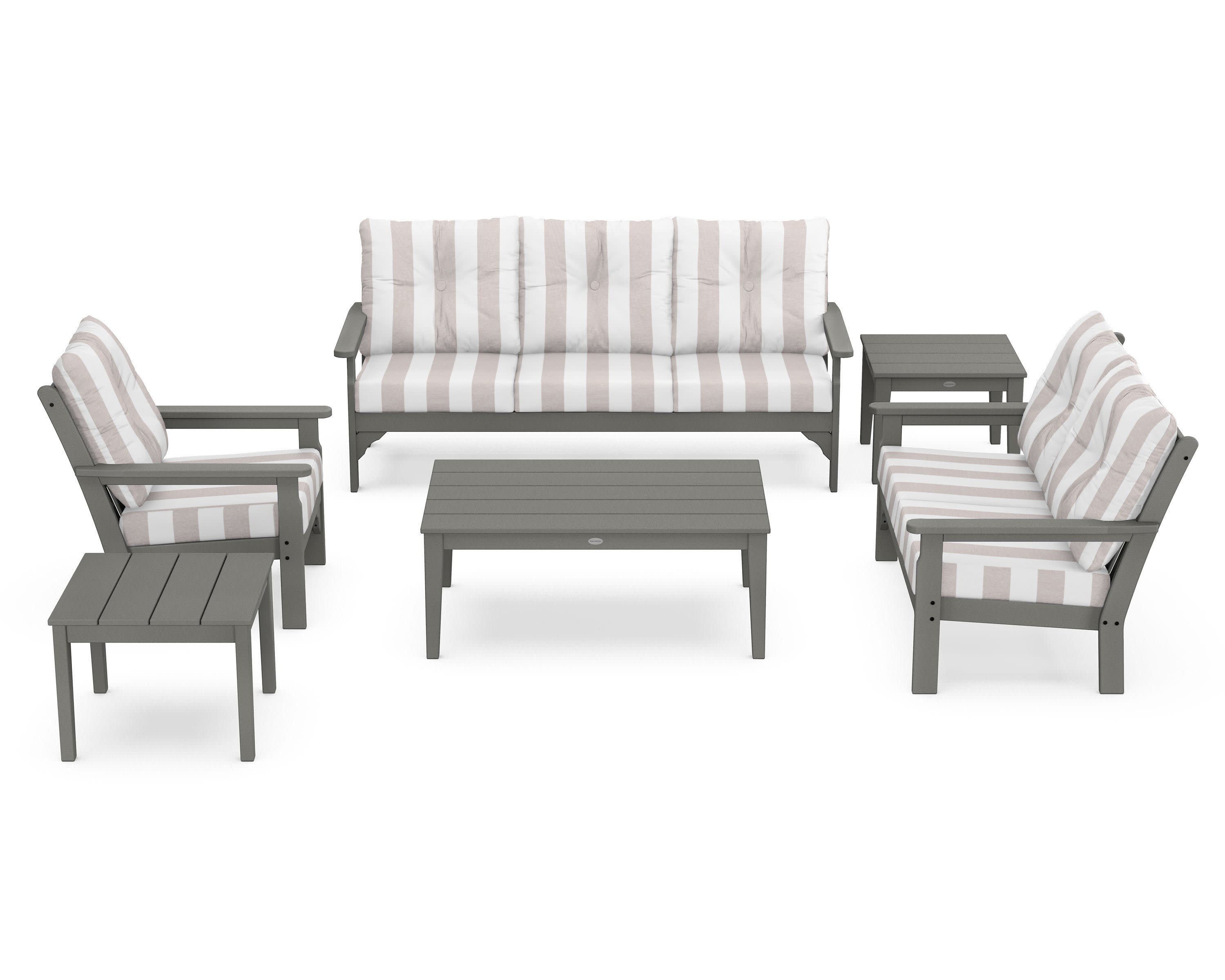 Vineyard 6-Piece Deep Seating Set in Slate Grey / Cabana Stripe Dune Burlap