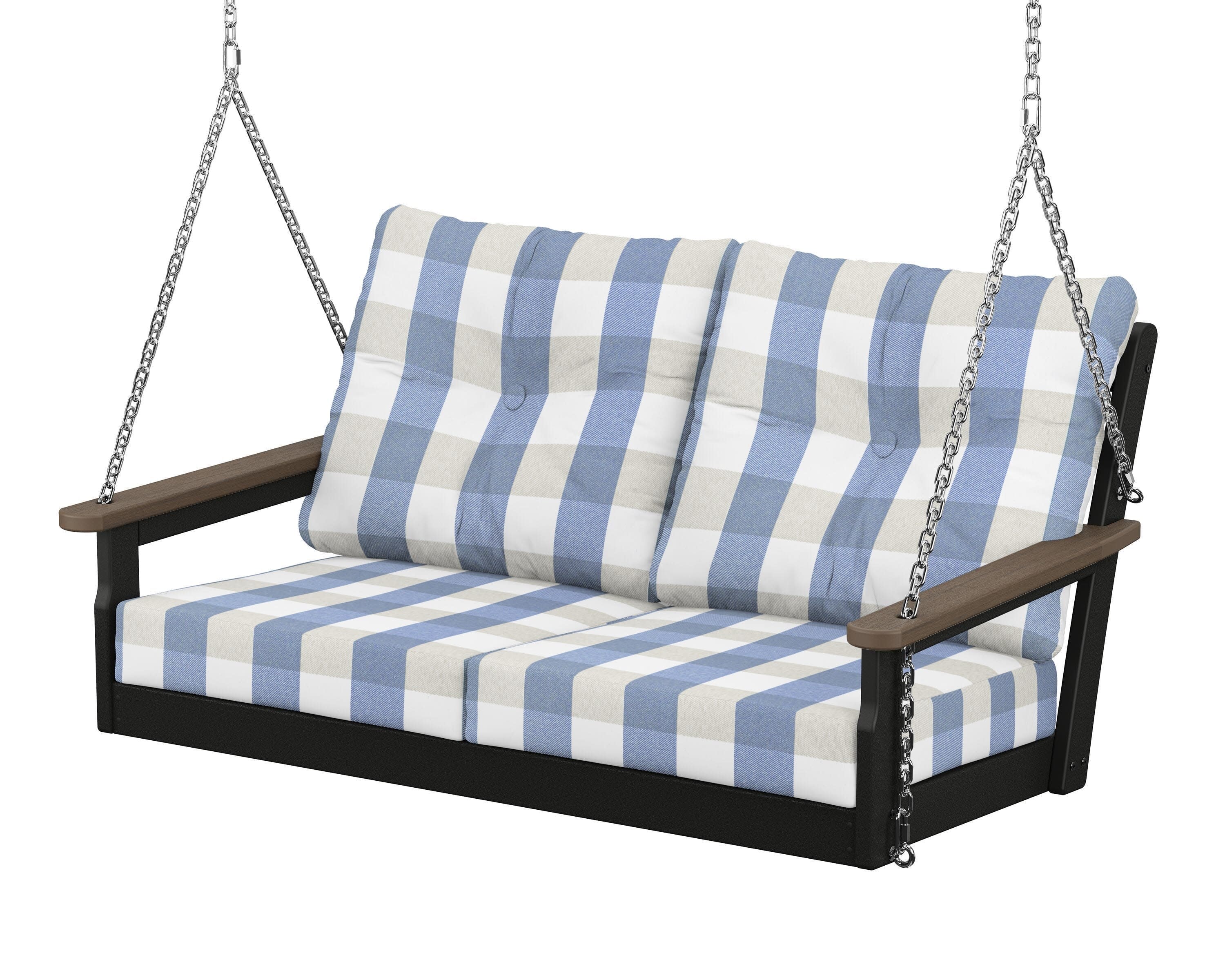 Vineyard Deep Seating Swing in Black / Kona / Buffalo Plaid Sky Blue