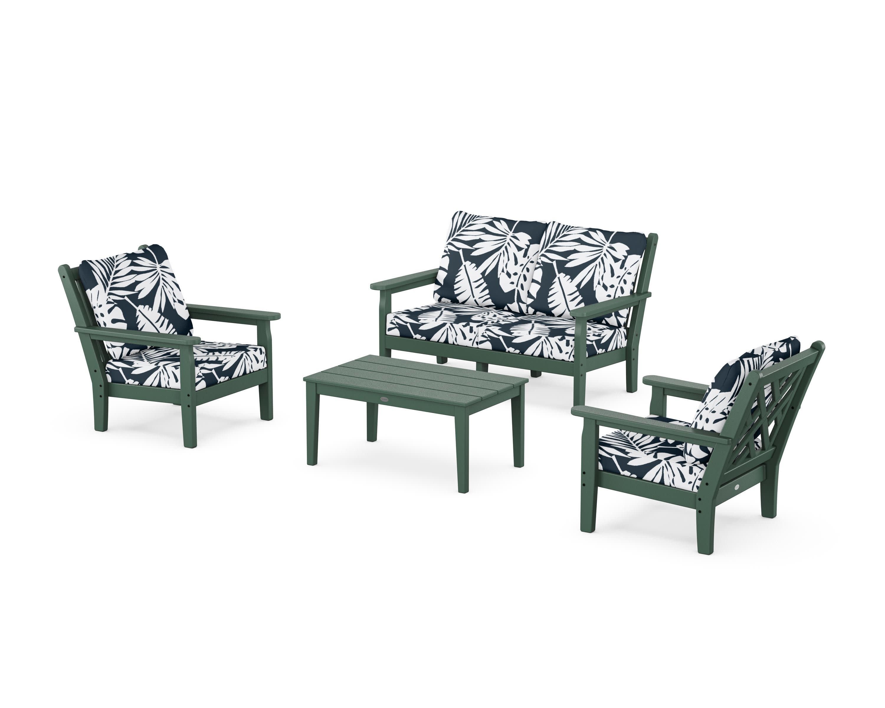 Chippendale 4-Piece Deep Seating Set with Loveseat in Green / Leaf Marine Indigo
