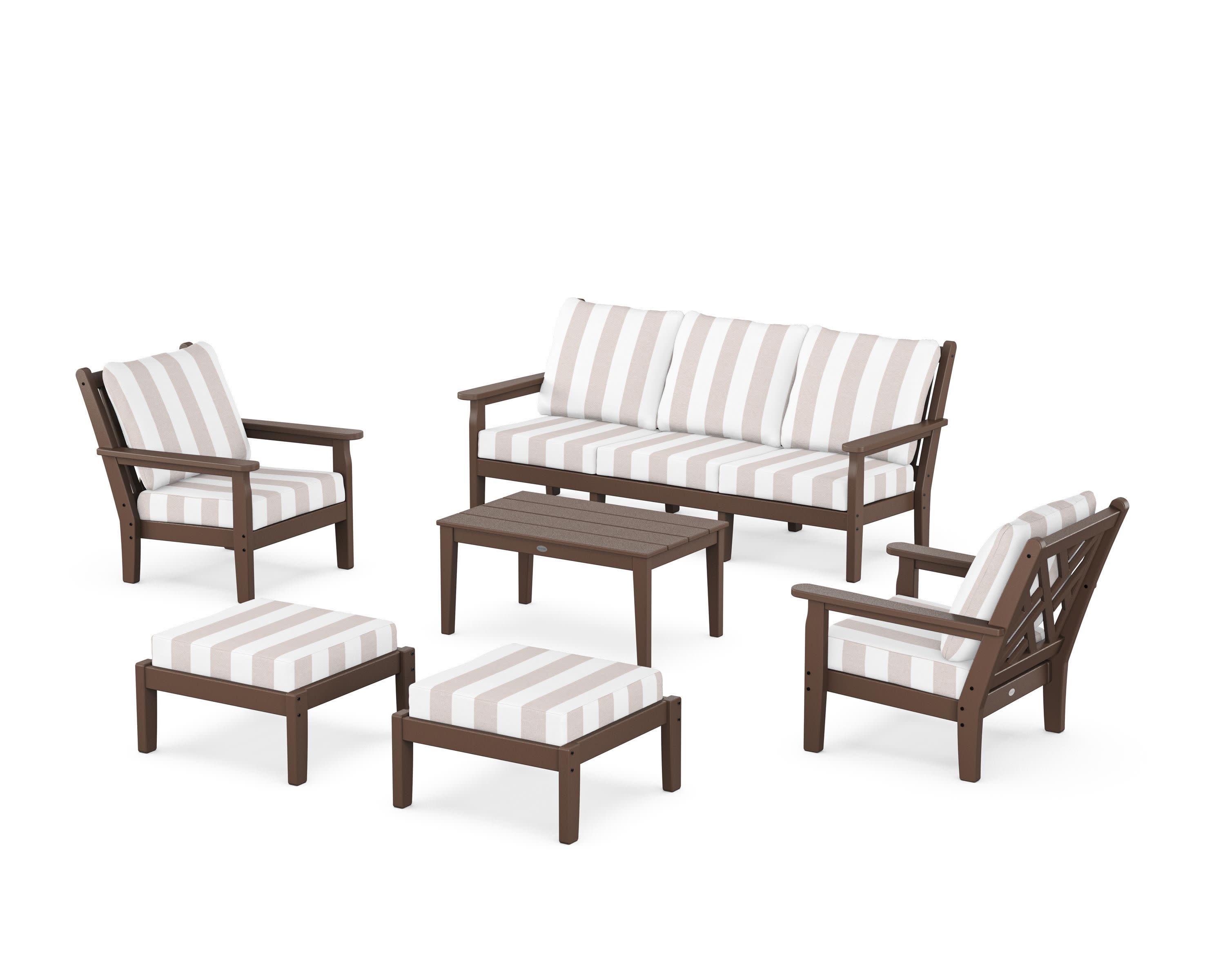 Chippendale 6-Piece Lounge Sofa Set in Mahogany / Cabana Stripe Dune Burlap