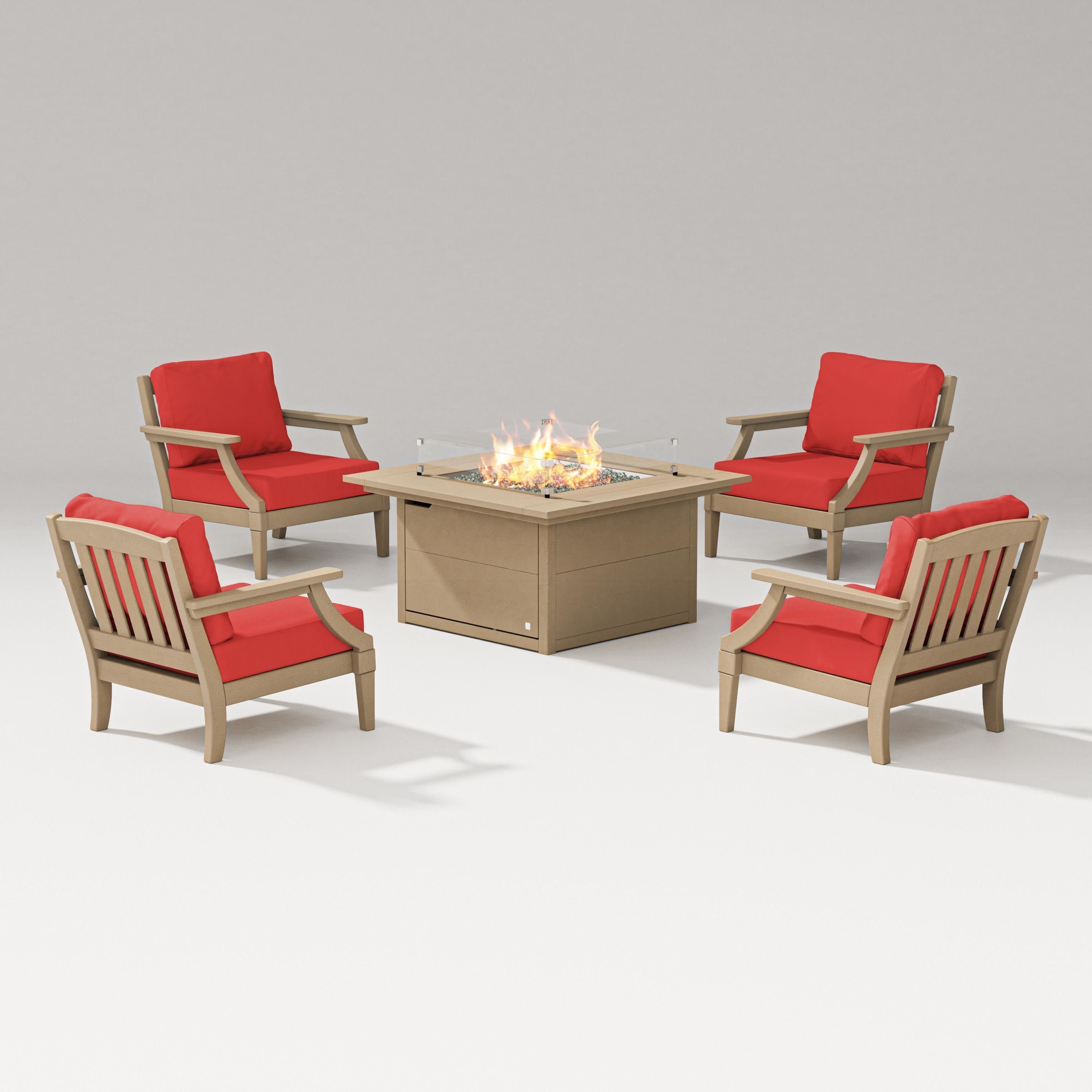 Estate 5-Piece Lounge Fire Table Set in Vintage Sahara / Crimson Linen