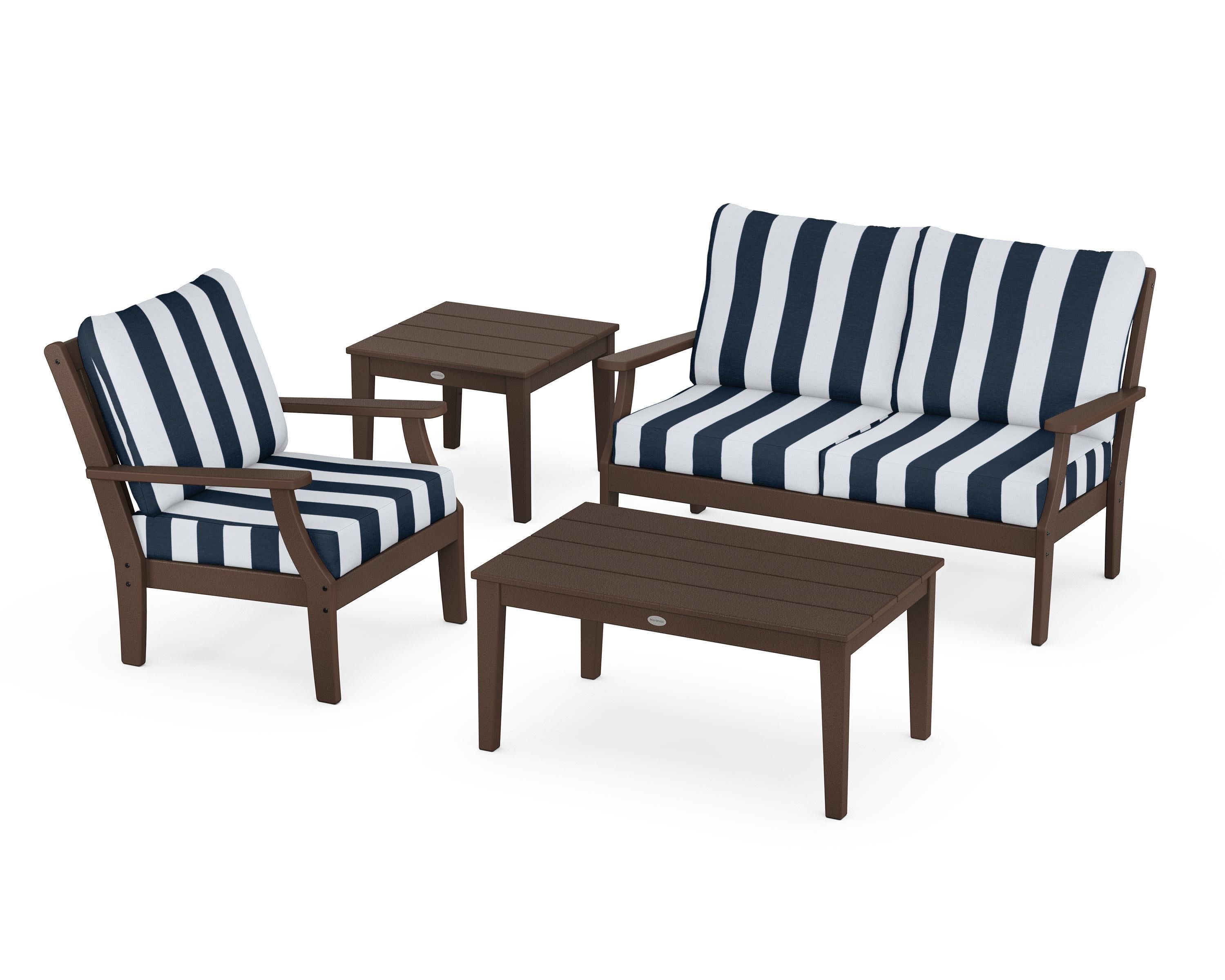 Braxton 4-Piece Deep Seating Set in Mahogany / Cabana Stripe Marine Indigo