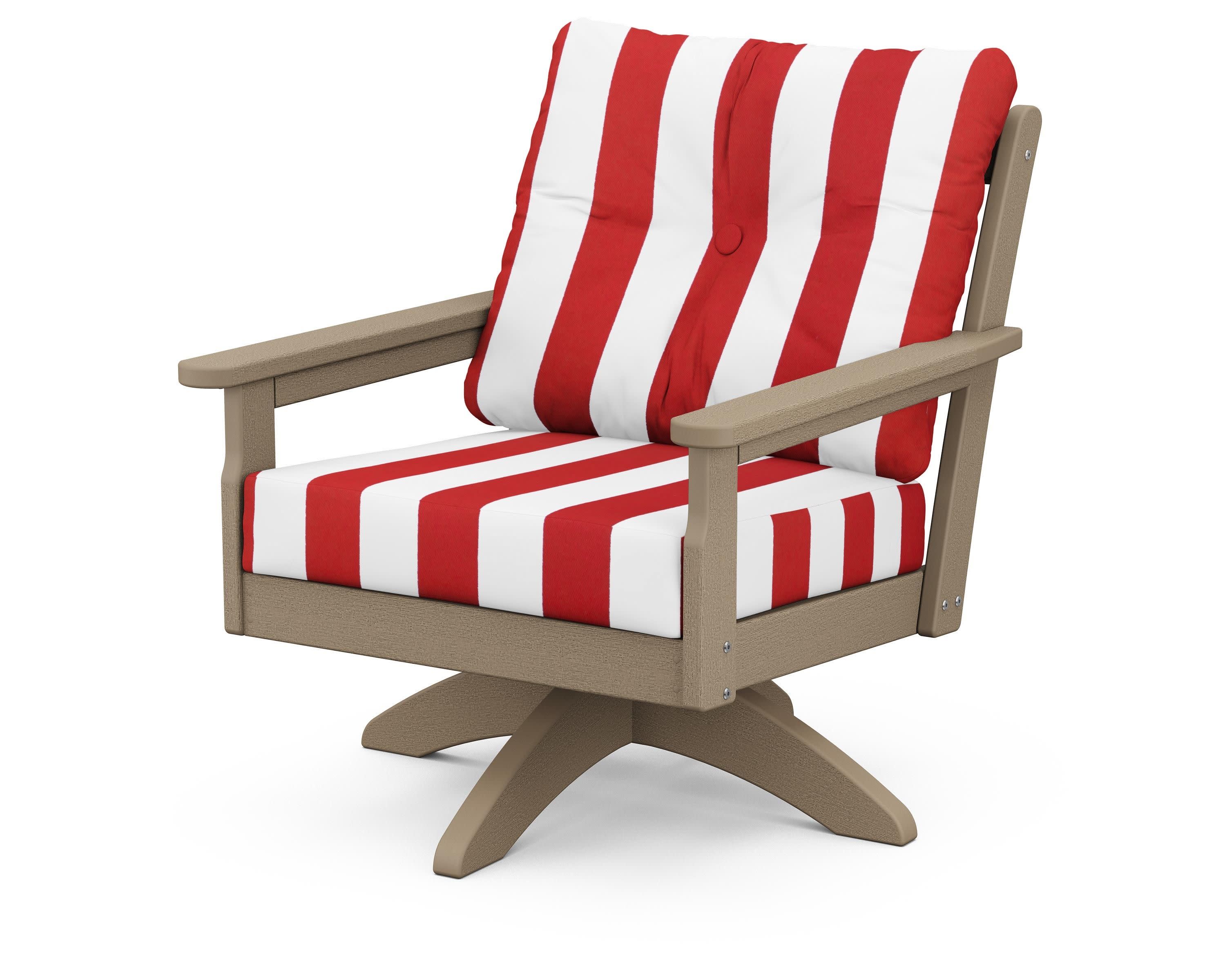 Vineyard Deep Seating Swivel Chair in Vintage Sahara / Cabana Stripe Crimson