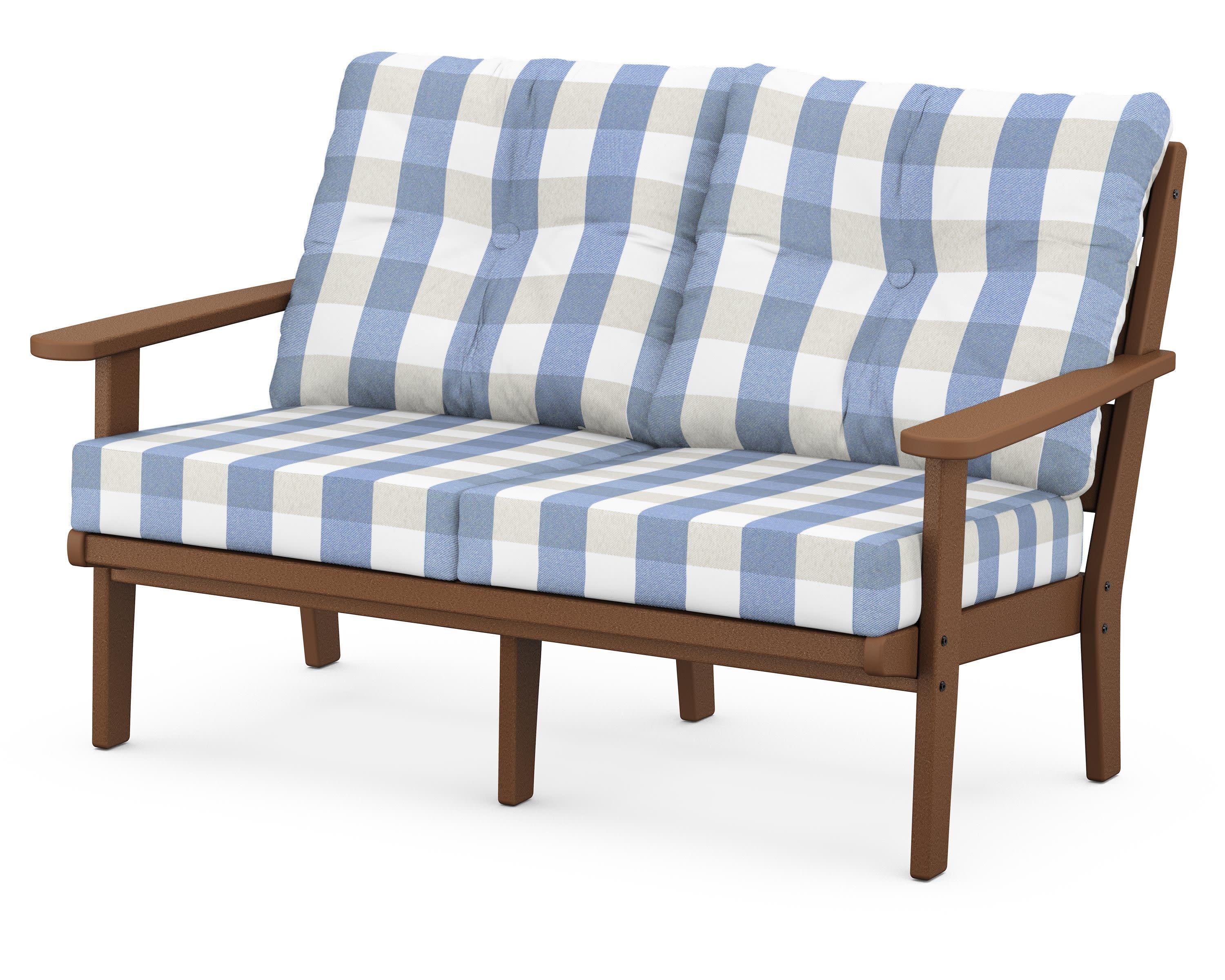 Lakeside Deep Seating Loveseat in Teak / Buffalo Plaid Sky Blue