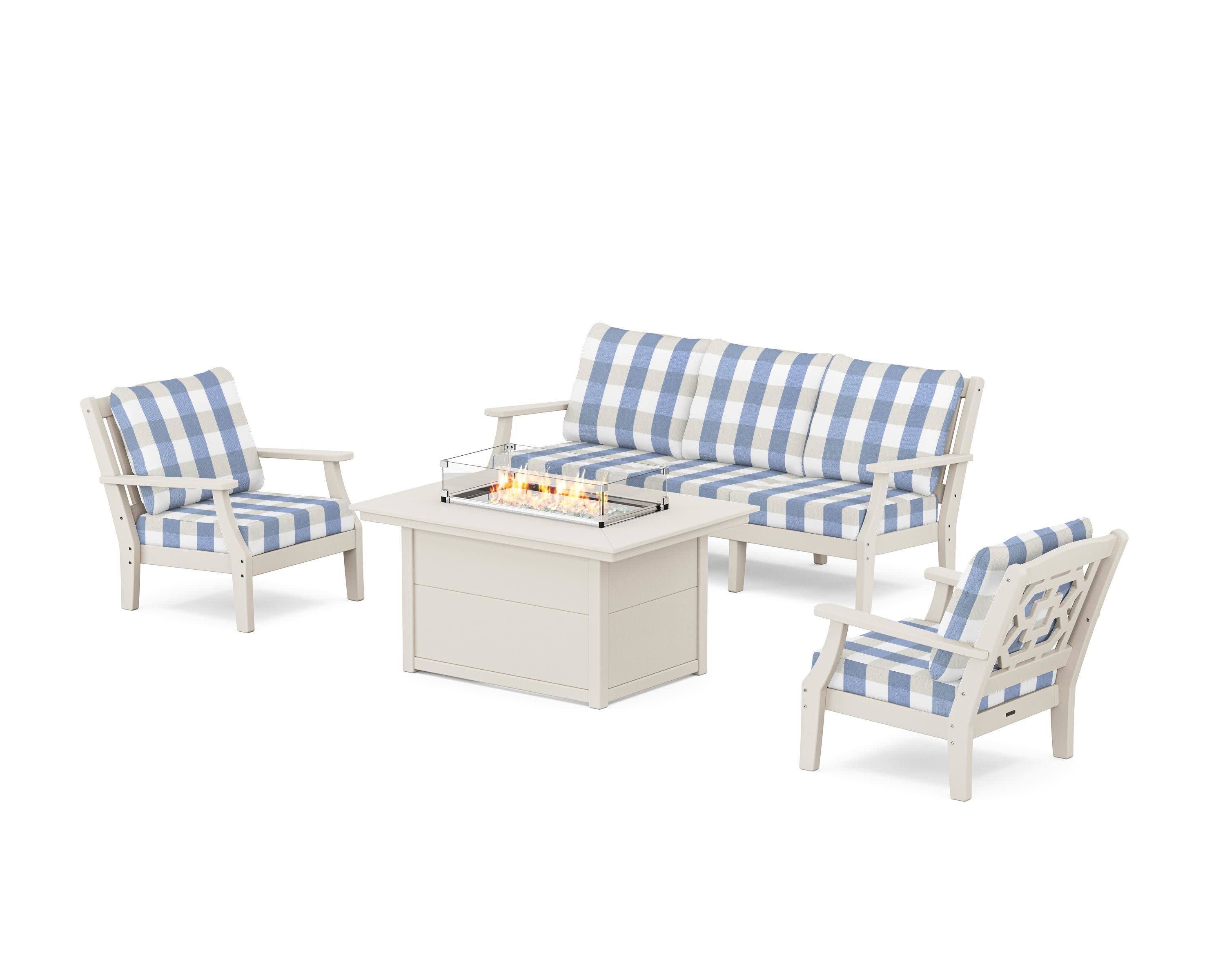 Chinoiserie Deep Seating Fire Pit Table Set in Sand / Buffalo Plaid Sky Blue