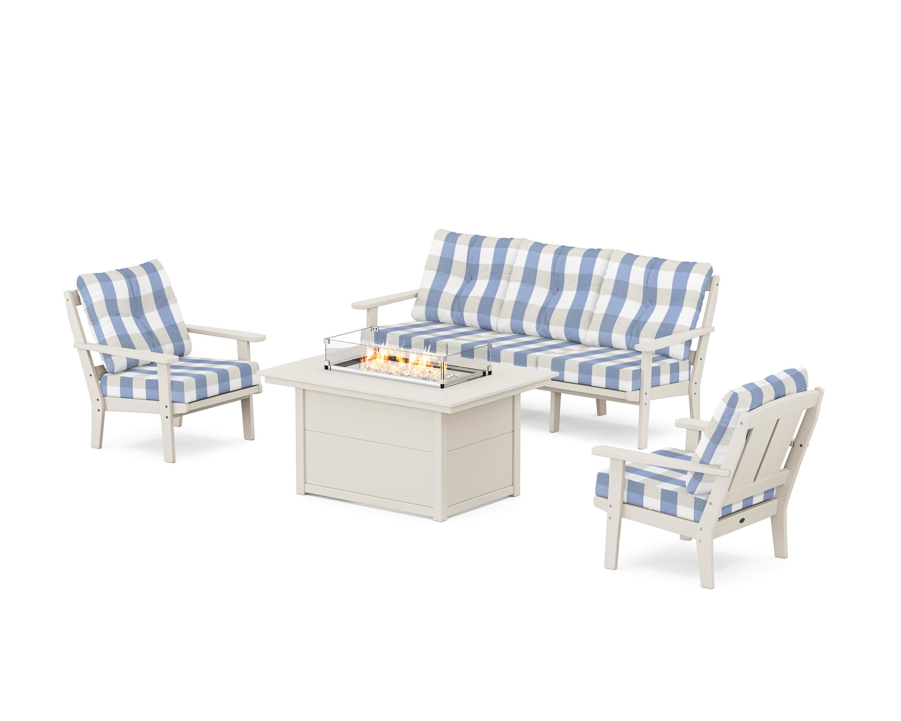 Mission Deep Seating Fire Pit Table Set in Sand / Buffalo Plaid Sky Blue