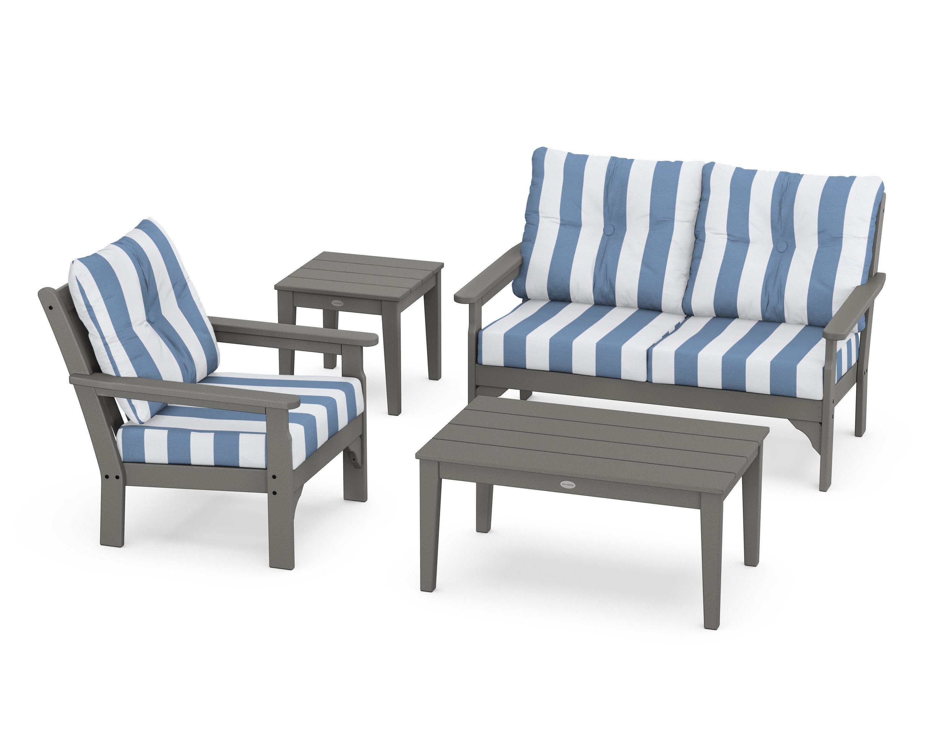 Vineyard 4-Piece Deep Seating Set in Slate Grey / Cabana Stripe Sky Blue