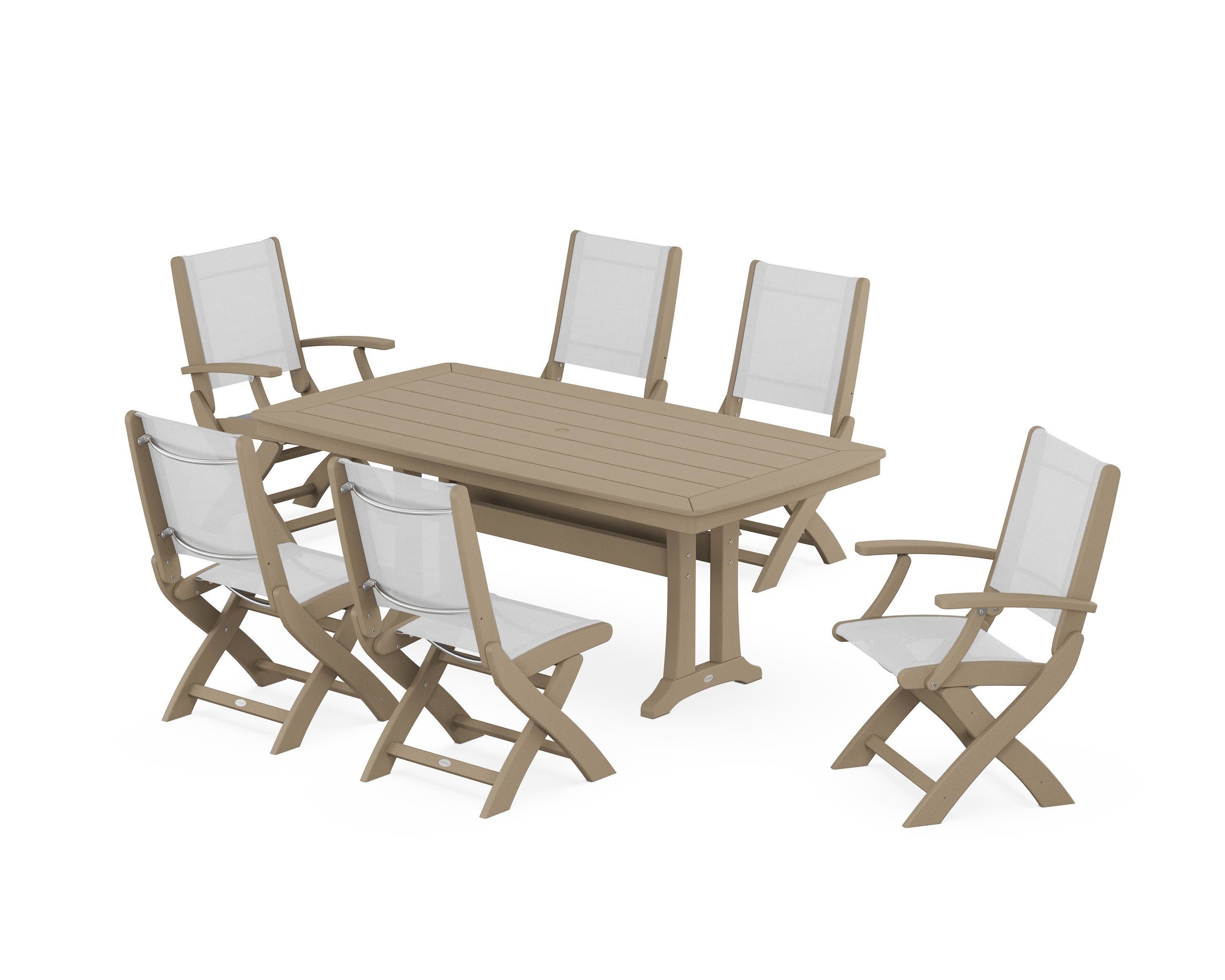 Coastal Folding Chair 7-Piece Dining Set with Trestle Legs in Vintage Sahara / White Sling