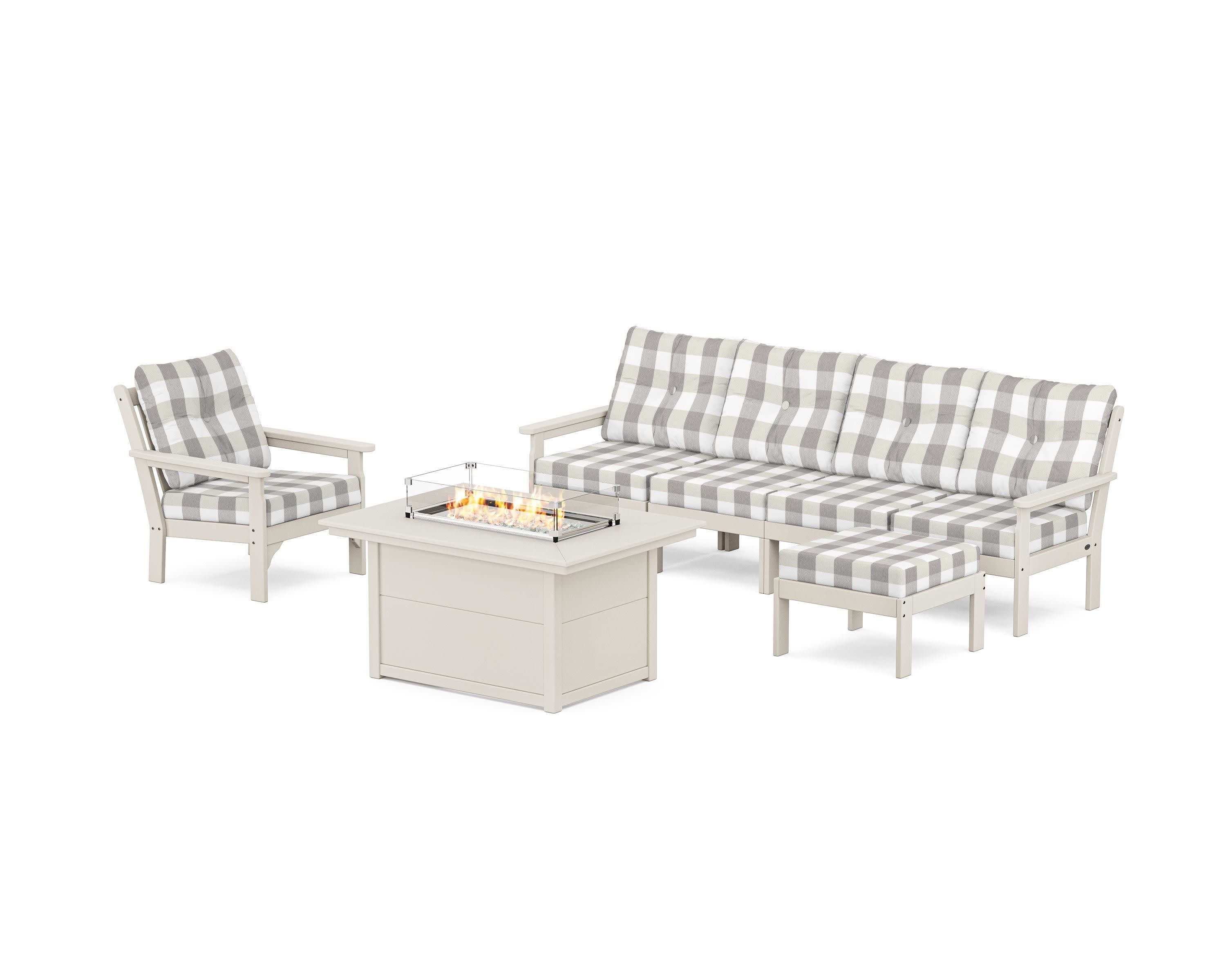 Vineyard Sectional Lounge and Fire Pit Set in Sand / Buffalo Plaid Grey Mist