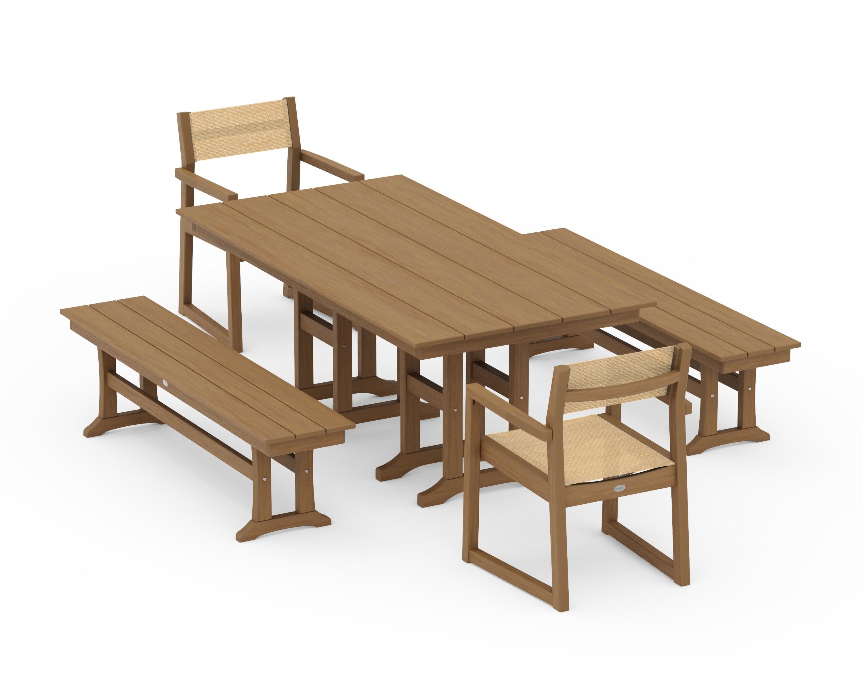 EDGE Sling Arm Chair 5-Piece Farmhouse Dining Set with Benches in Natural / Dupioni Apricot Sling
