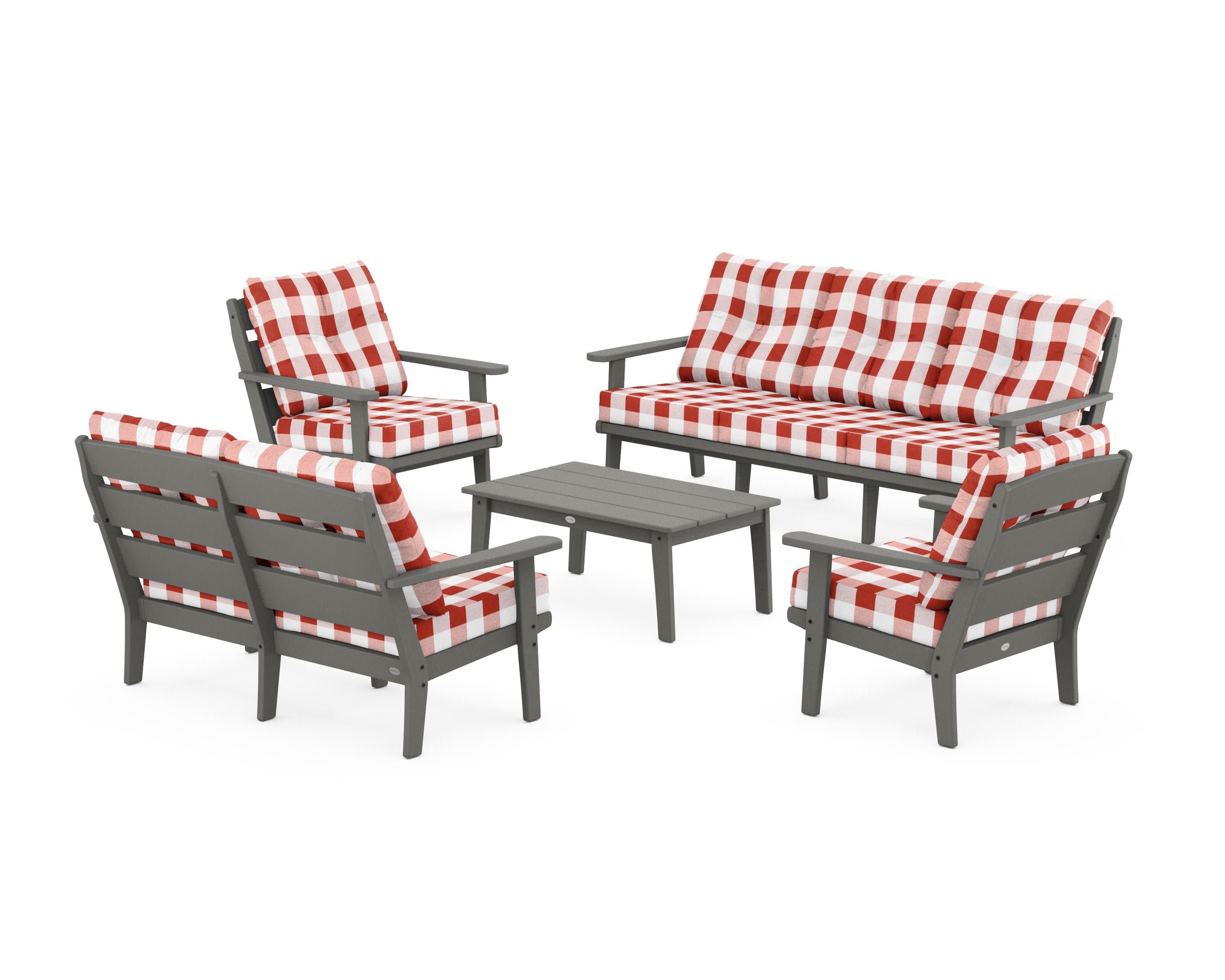 Lakeside 5-Piece Lounge Sofa Set in Slate Grey / Buffalo Plaid Crimson