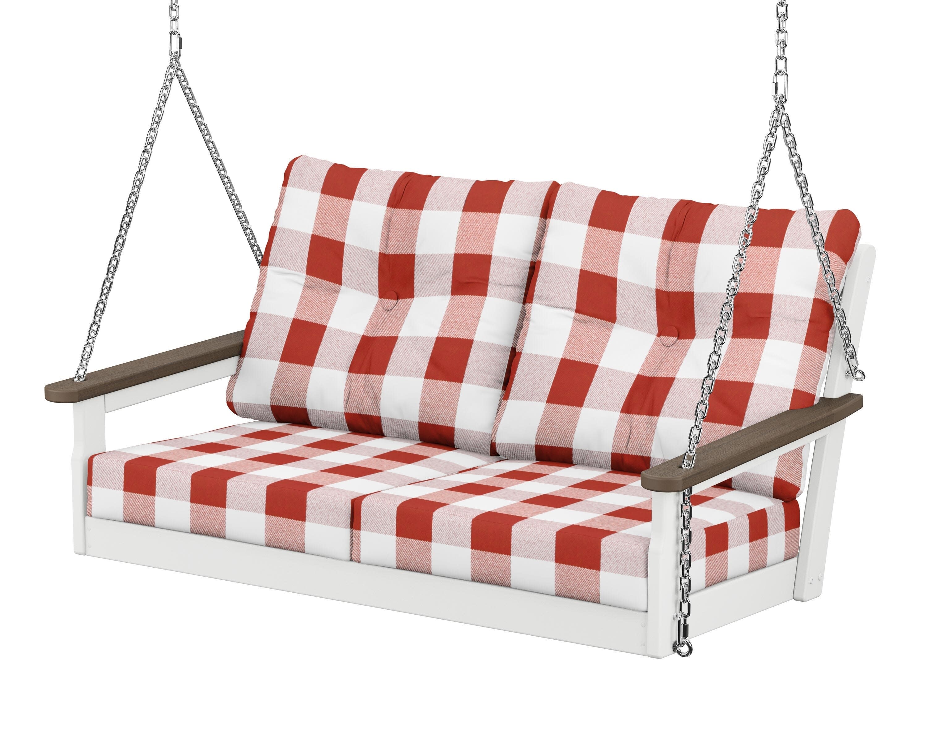 Vineyard Deep Seating Swing in White / Kona / Buffalo Plaid Crimson