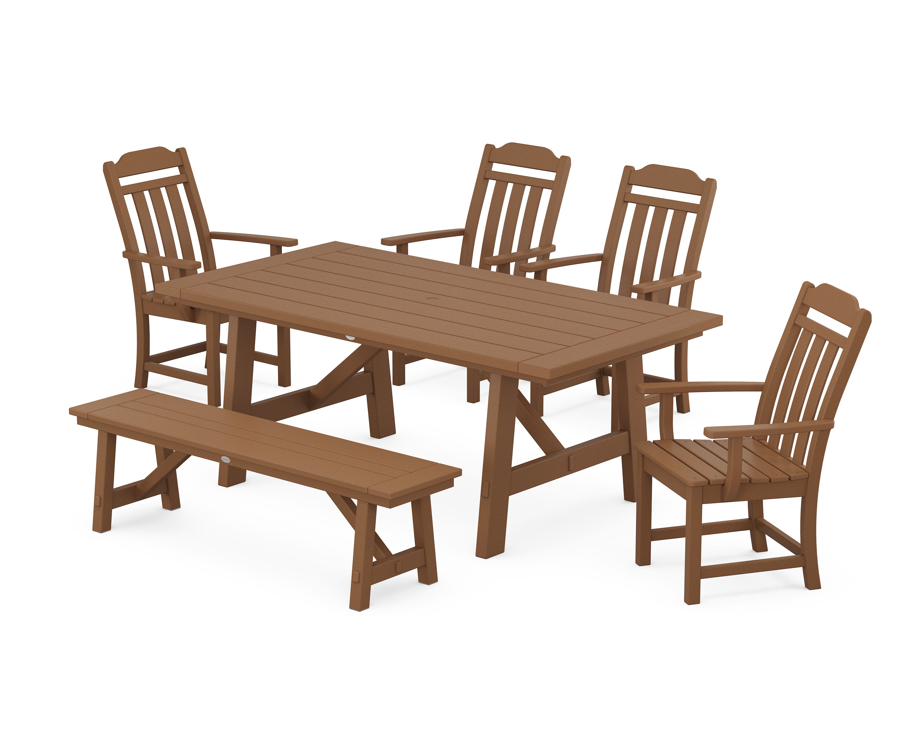 Cottage 6-Piece Rustic Farmhouse Dining Set with Bench in Teak