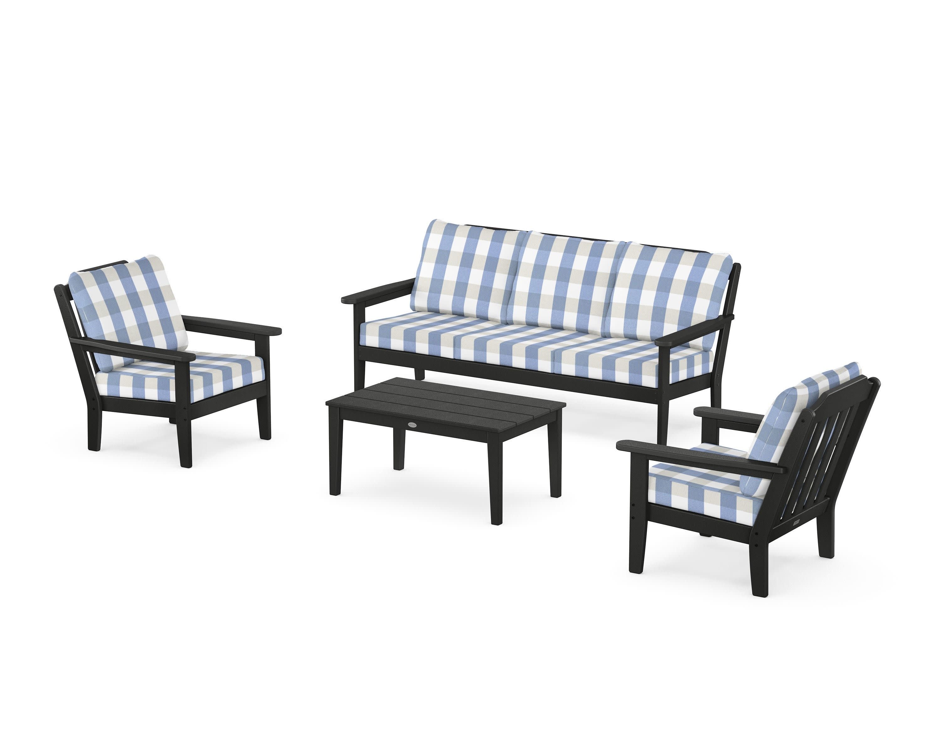 Cottage 4-Piece Deep Seating Set with Sofa in Black / Buffalo Plaid Sky Blue