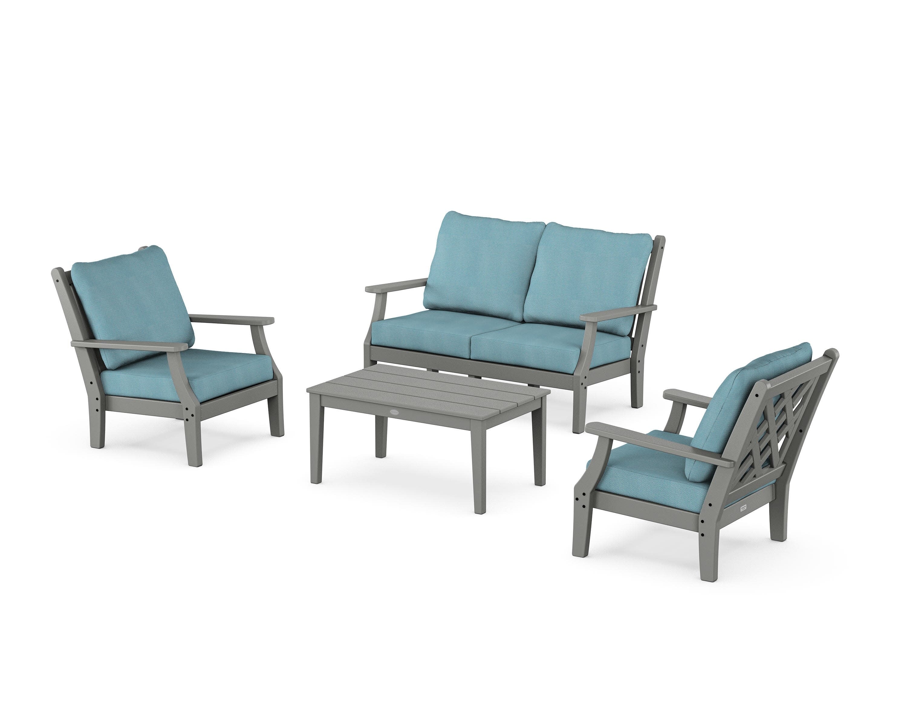 Wovendale 4-Piece Deep Seating Set with Loveseat in Slate Grey / Lattice Sky Blue