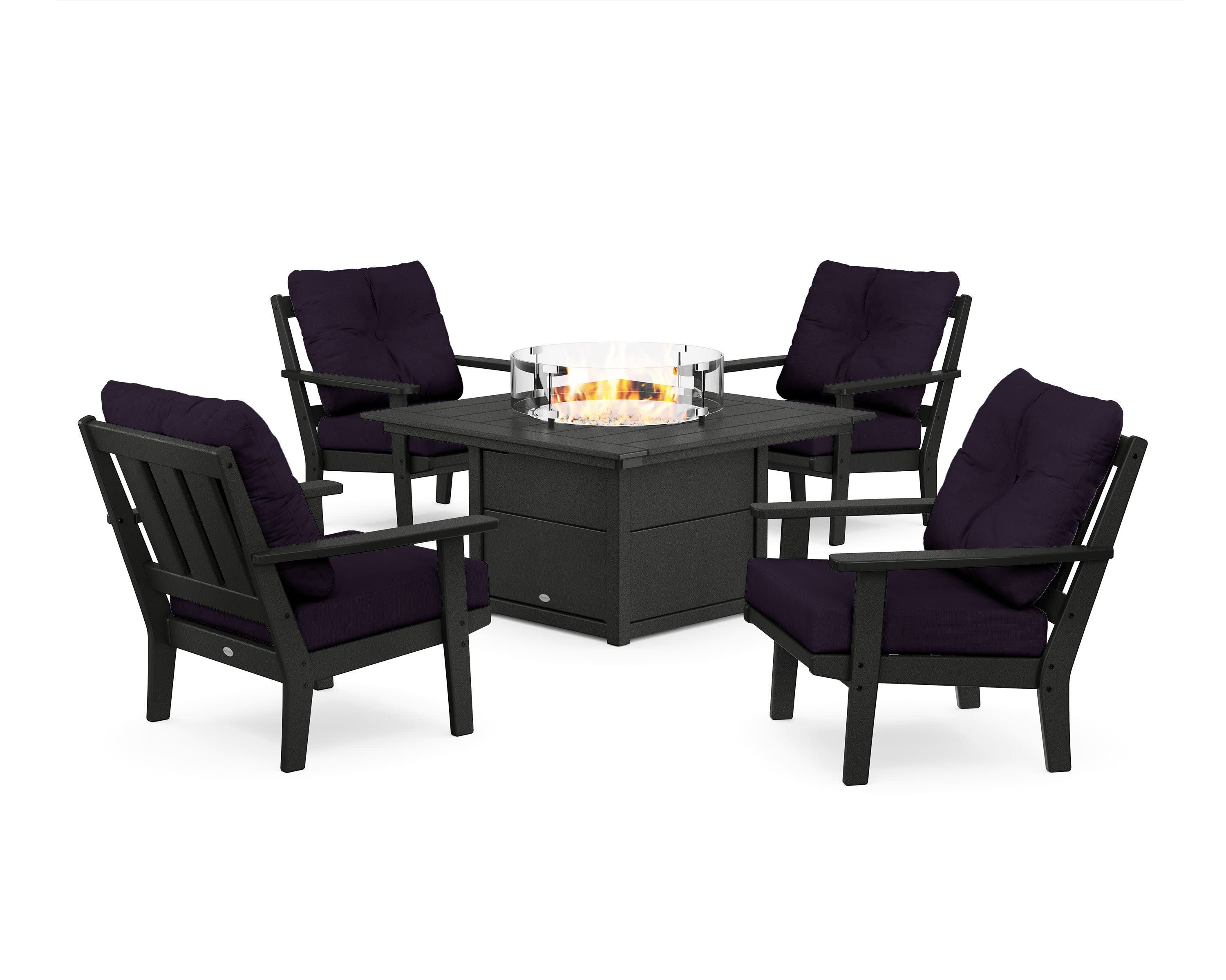 Oxford 5-Piece Deep Seating Set with Fire Pit Table in Black / Navy Linen