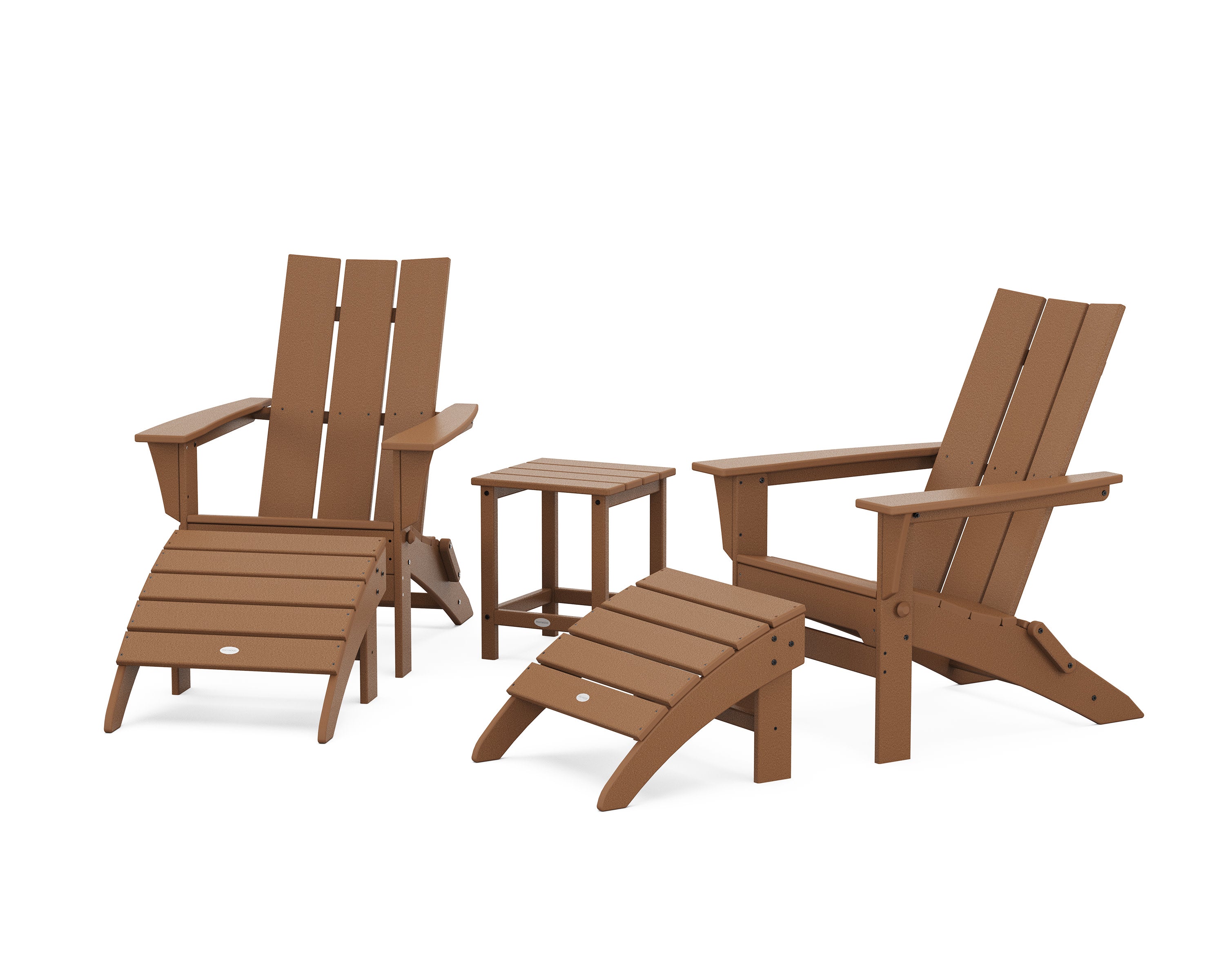 Modern Folding Adirondack Chair 5-Piece Set with Ottomans and 18" Side Table in Teak