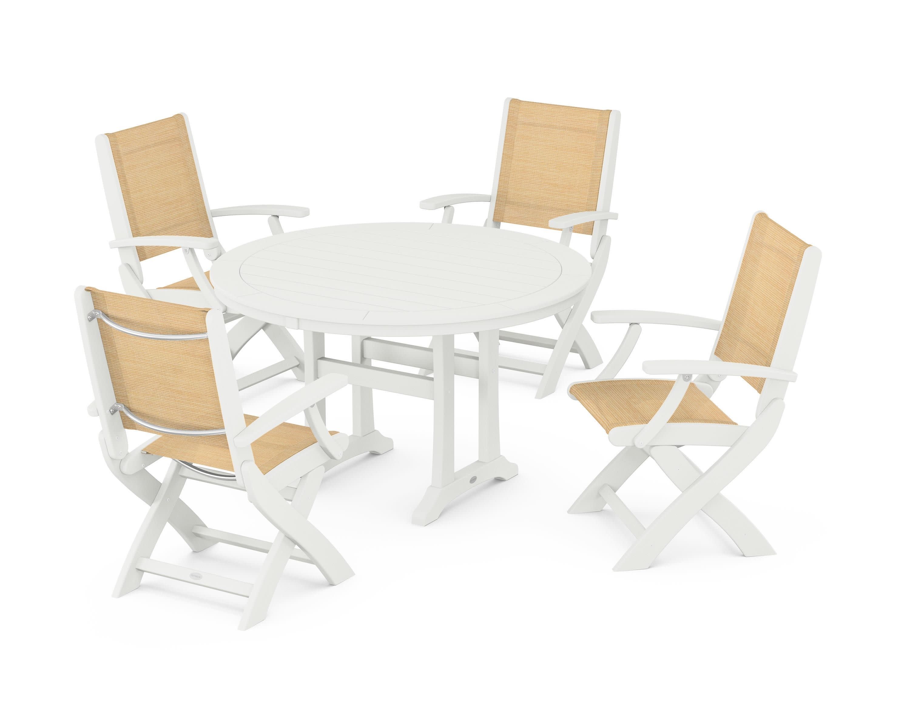Coastal Folding Chair 5-Piece Round Dining Set with Trestle Legs in Vintage White / Dupioni Apricot Sling