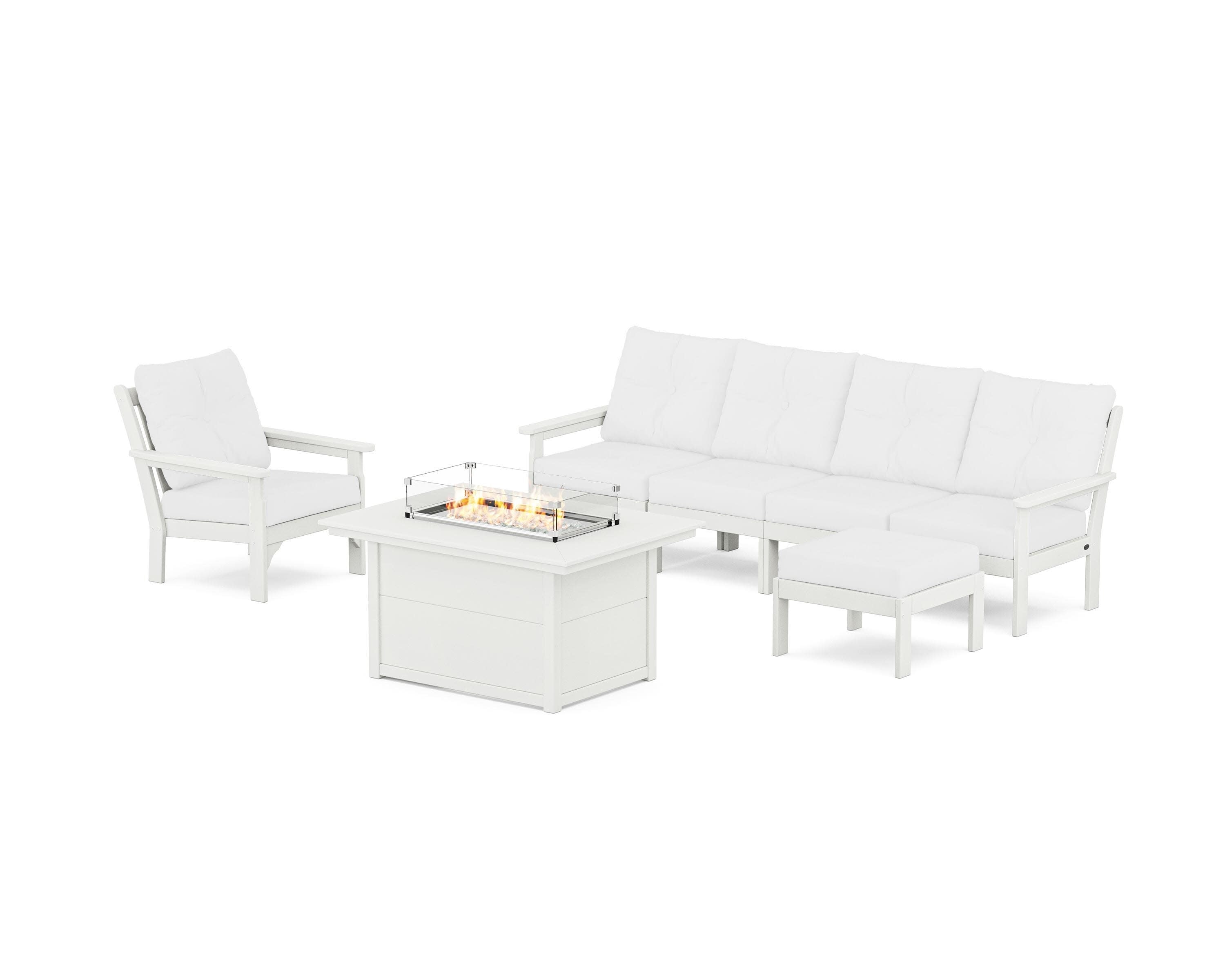 Vineyard Sectional Lounge and Fire Pit Set in Vintage White / Natural