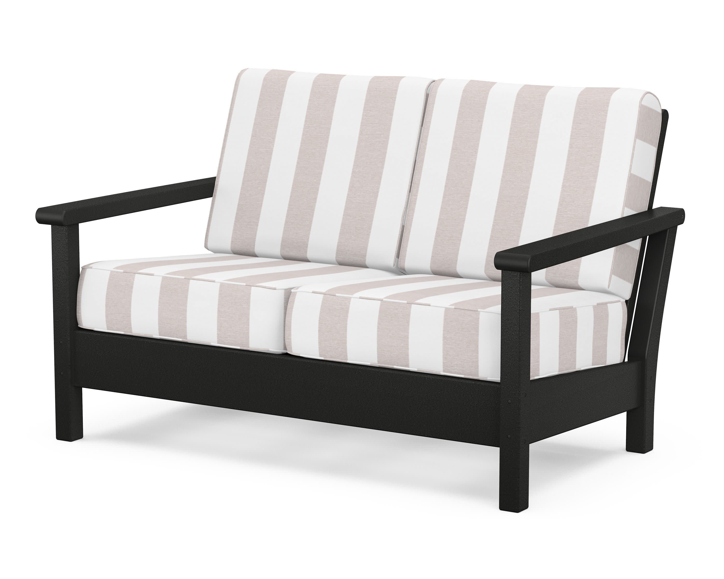 Harbour Deep Seating Loveseat in Black / Cabana Stripe Dune Burlap