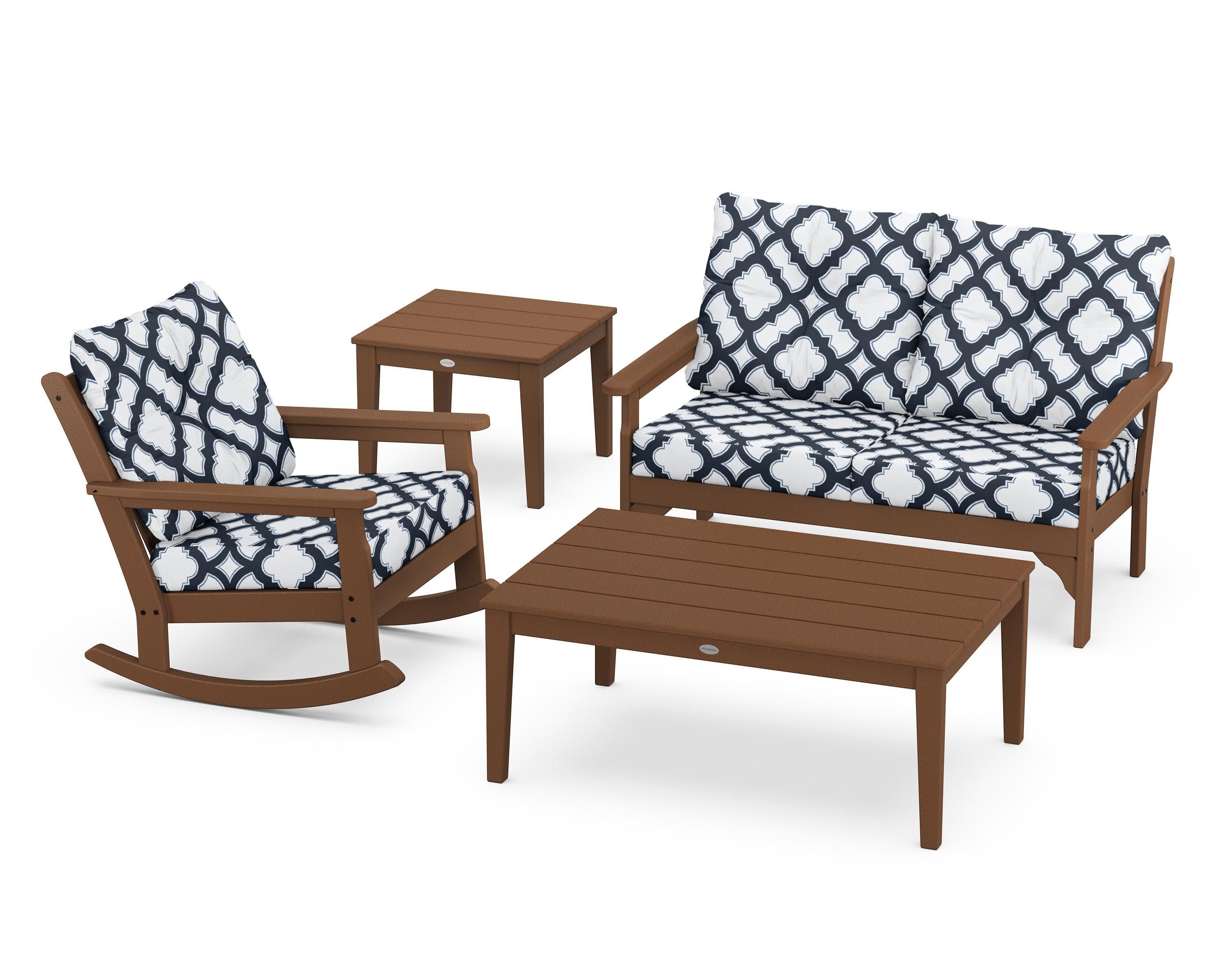 Vineyard 4-Piece Deep Seating Rocker Set in Teak / Trellis Marine Indigo