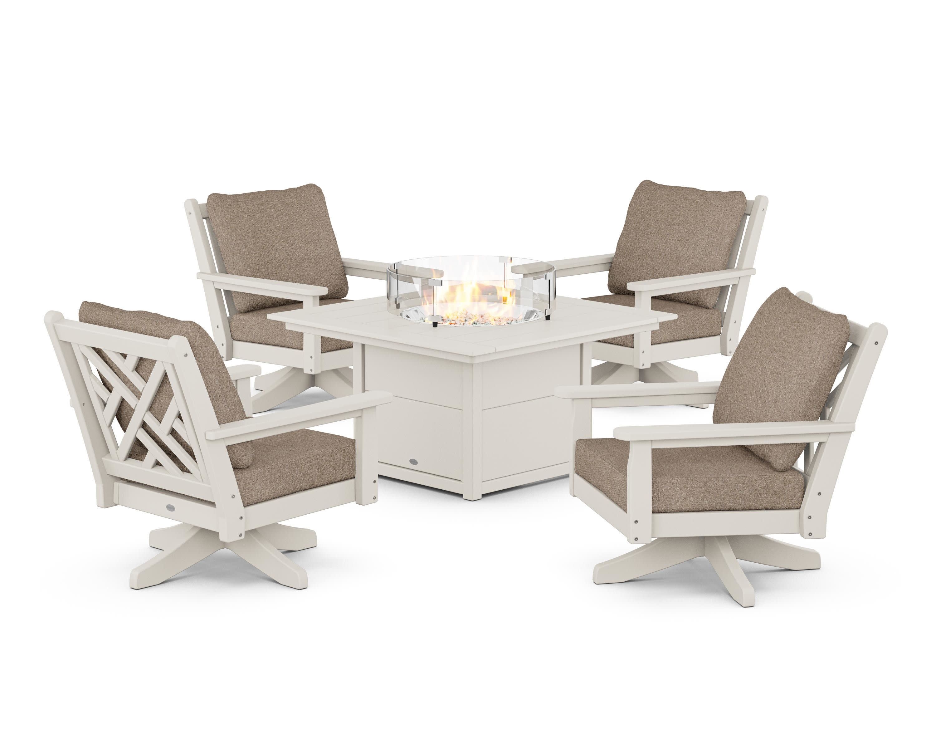 Chippendale 5-Piece Deep Seating Swivel Conversation Set with Fire Pit Table in Sand / Spiced Burlap