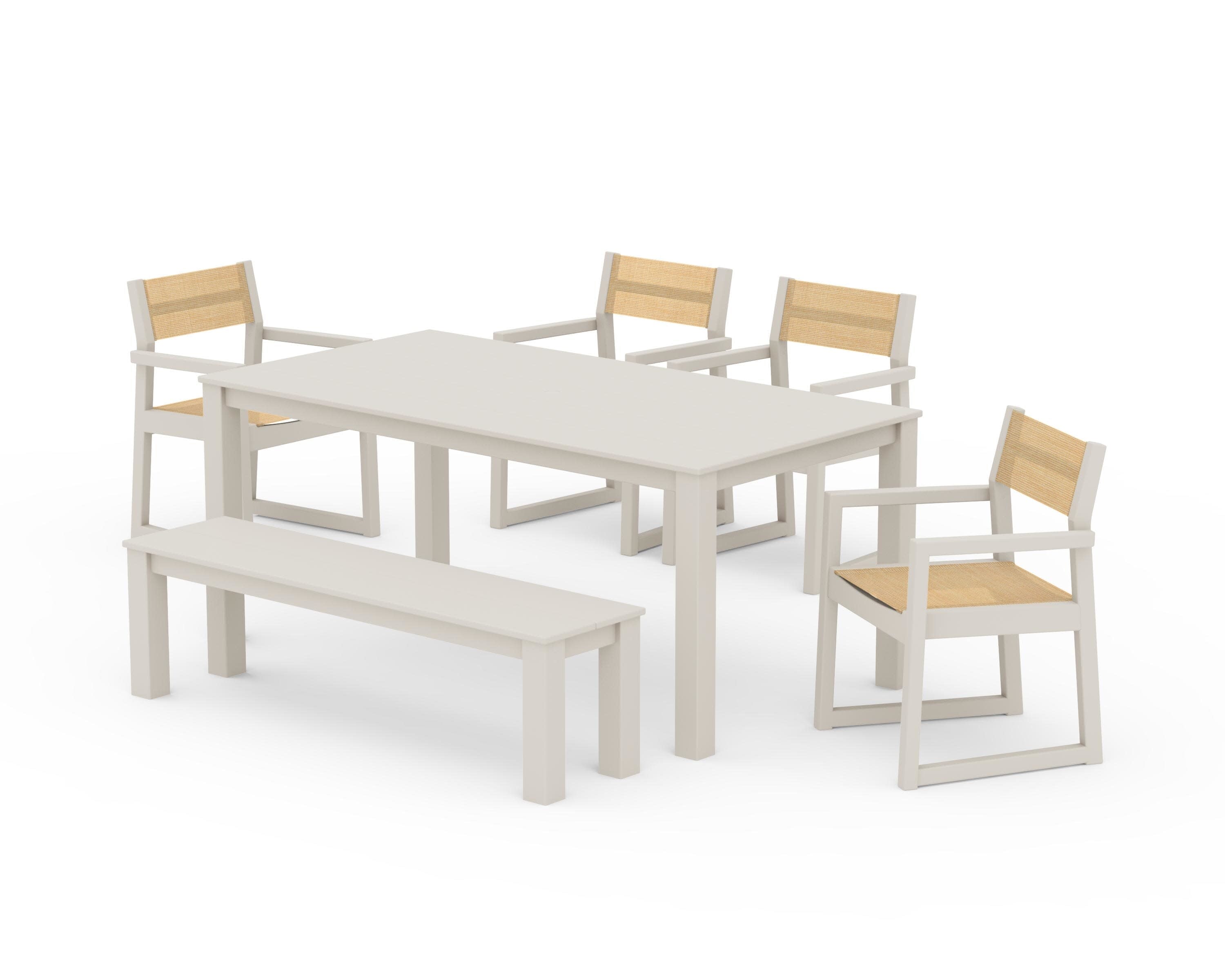 EDGE Sling Arm Chair 6-Piece Parsons Dining Set with Bench in Sand / Dupioni Apricot Sling