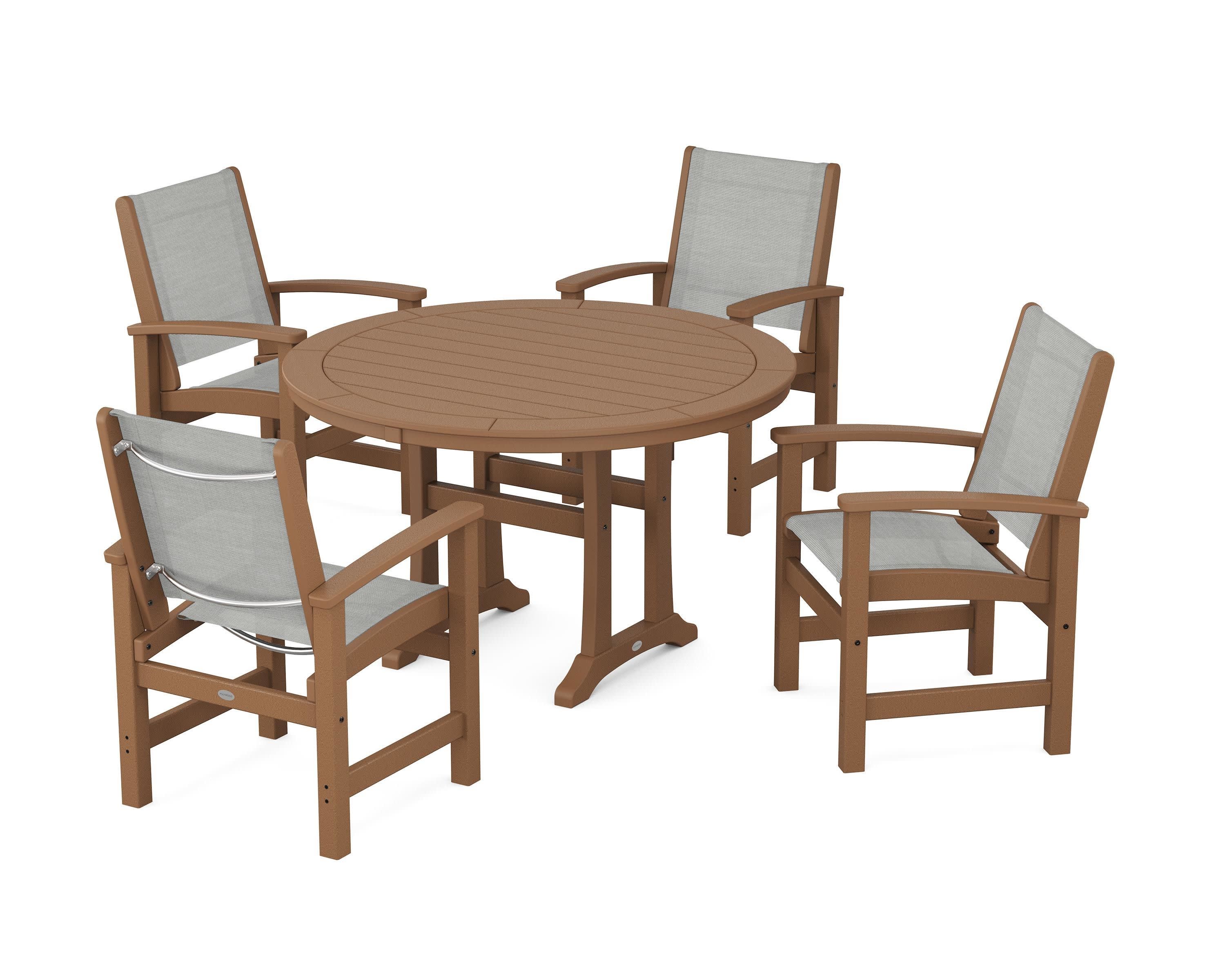 Coastal 5-Piece Round Dining Set with Trestle Legs in Teak / Metallic Sling