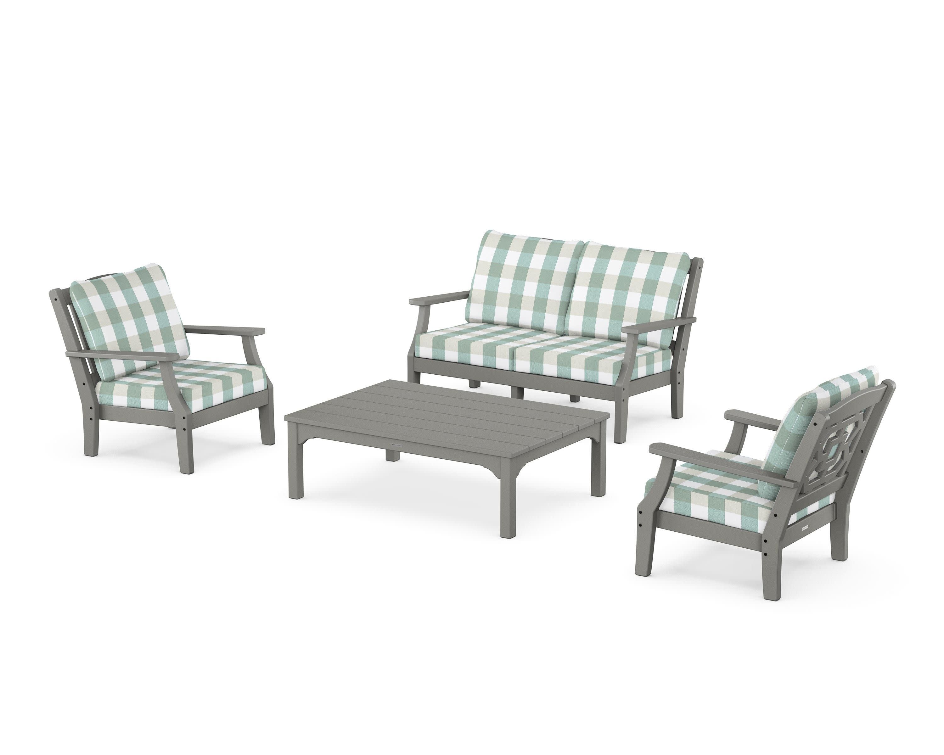Chinoiserie 4-Piece Deep Seating Set with Loveseat in Slate Grey / Buffalo Plaid Glacier Spa