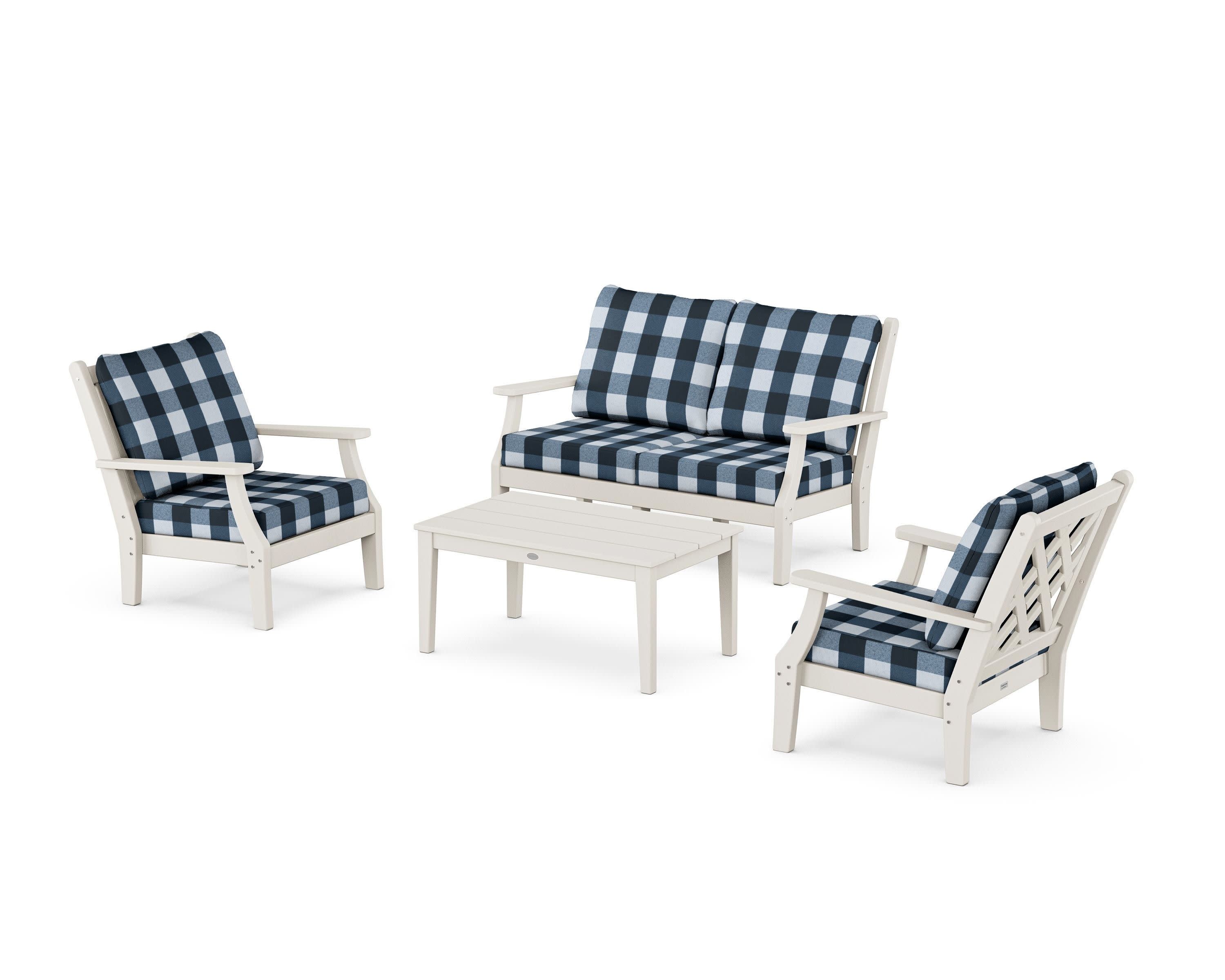 Wovendale 4-Piece Deep Seating Set with Loveseat in Sand / Buffalo Plaid Marine Indigo