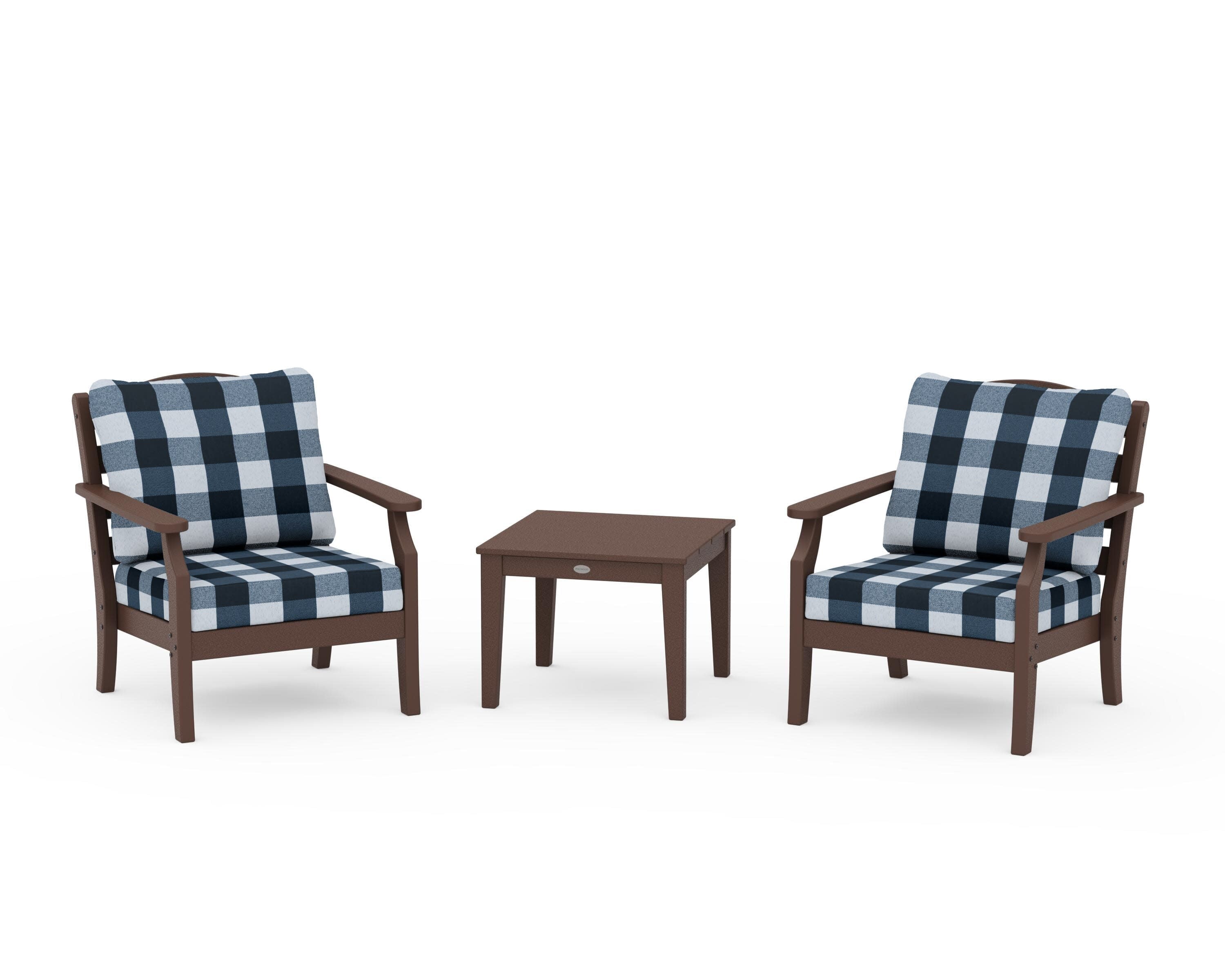 Savannah 3-Piece Deep Seating Set in Mahogany / Buffalo Plaid Marine Indigo