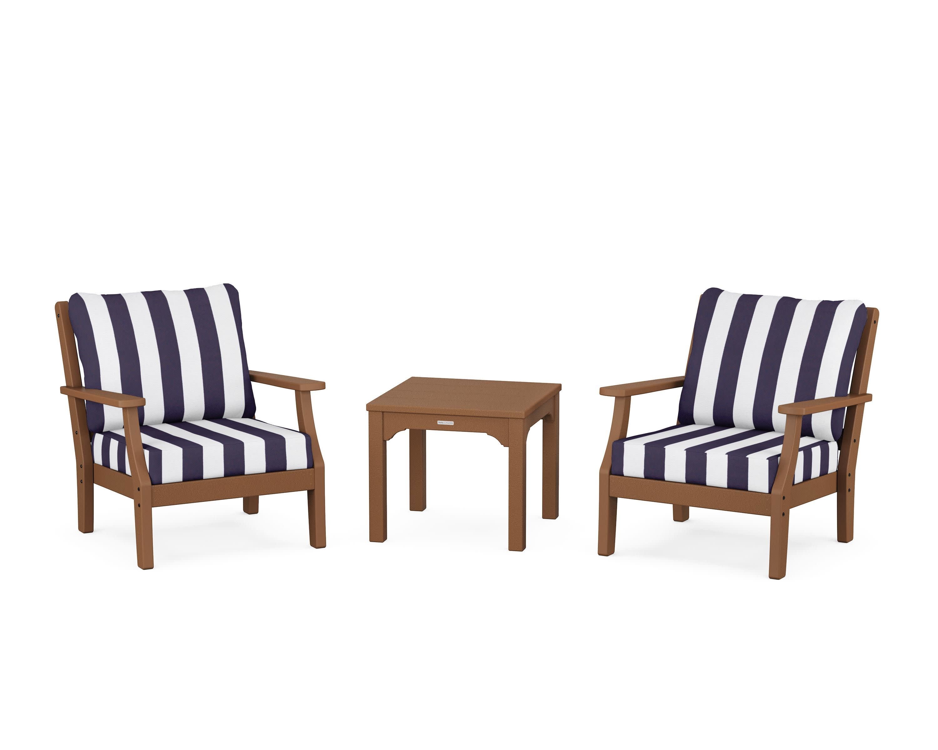 Chinoiserie 3-Piece Deep Seating Set in Teak / Cabana Stripe Navy