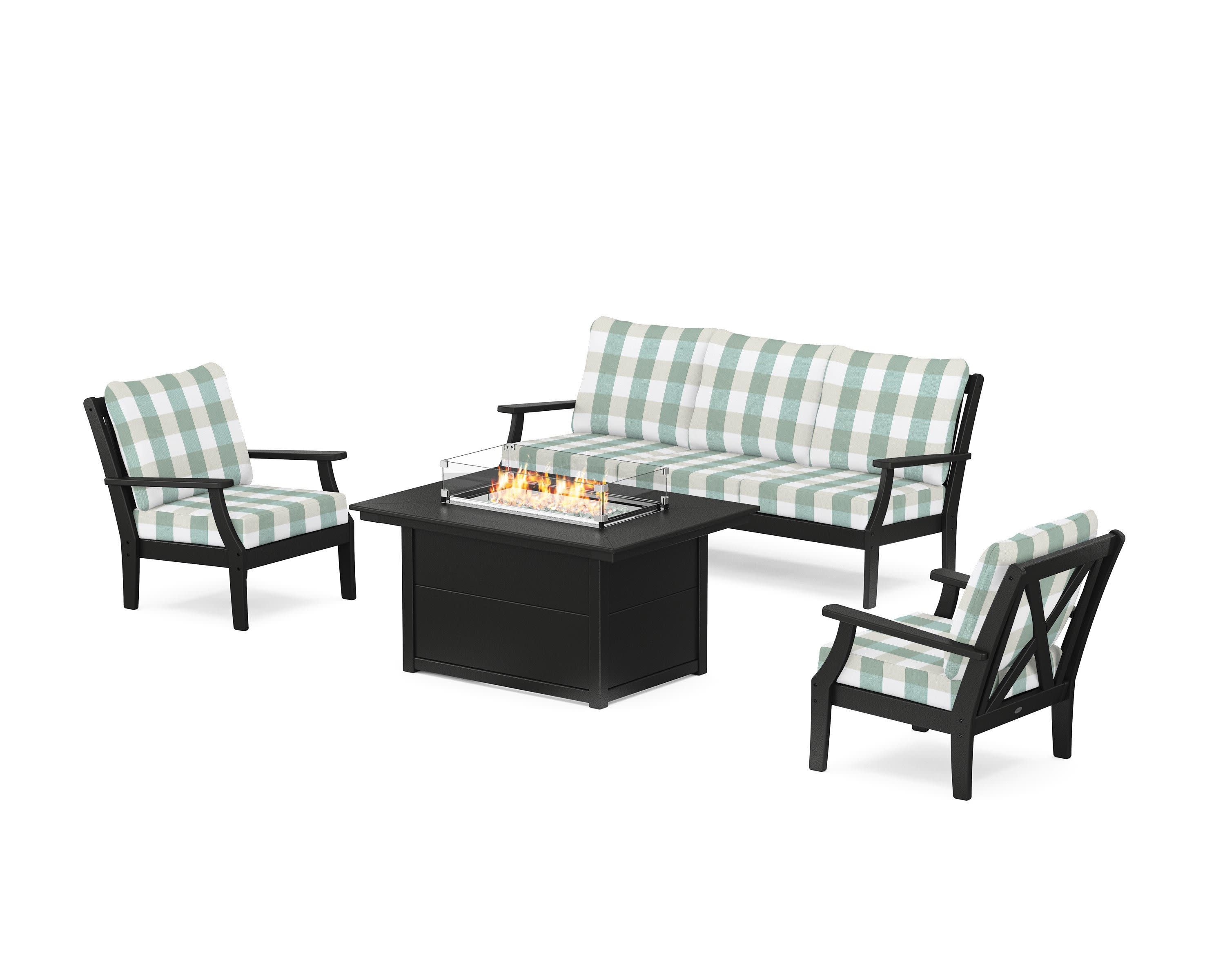 Braxton Deep Seating Fire Pit Table Set in Black / Buffalo Plaid Glacier Spa