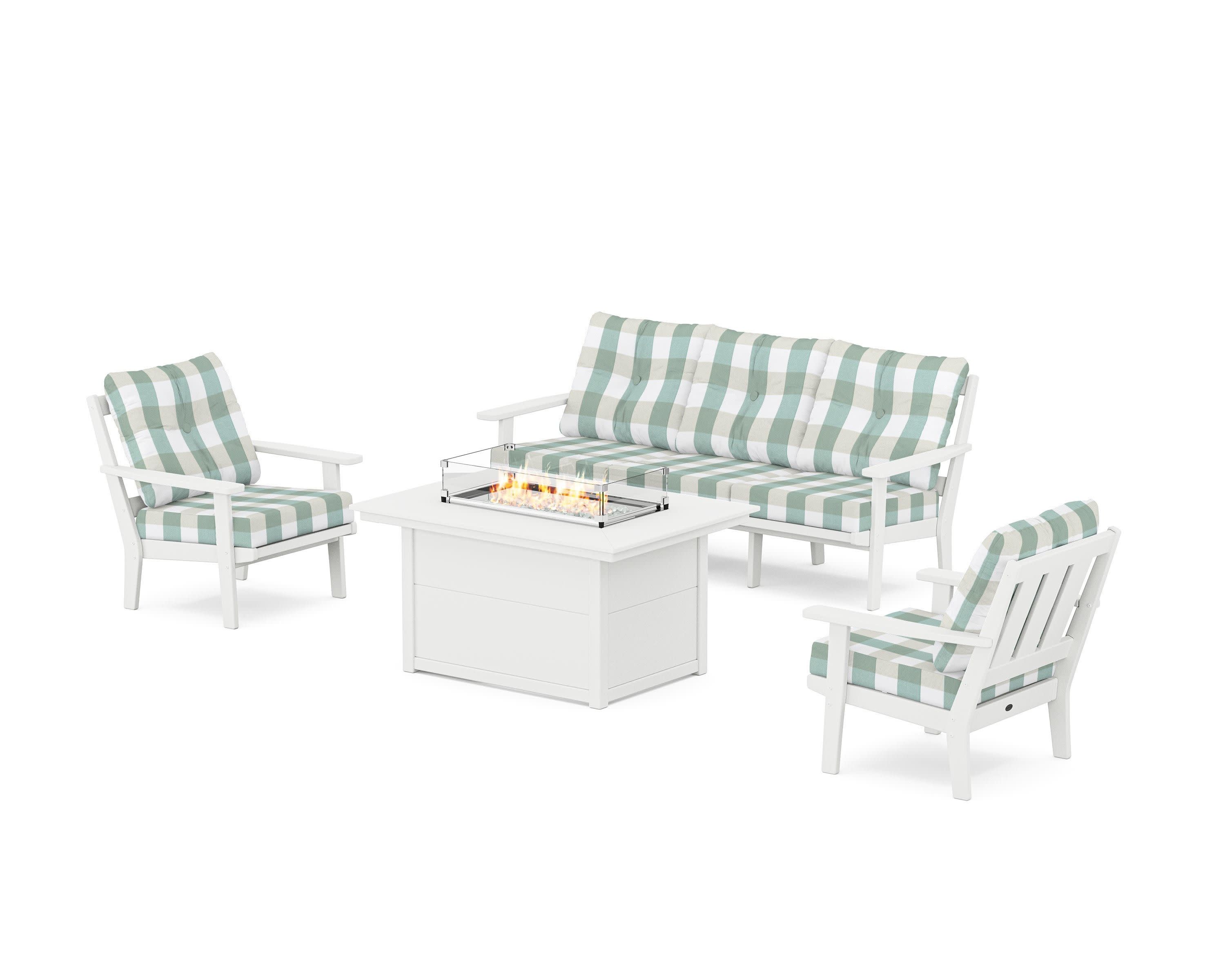Oxford Deep Seating Fire Pit Table Set in White / Buffalo Plaid Glacier Spa