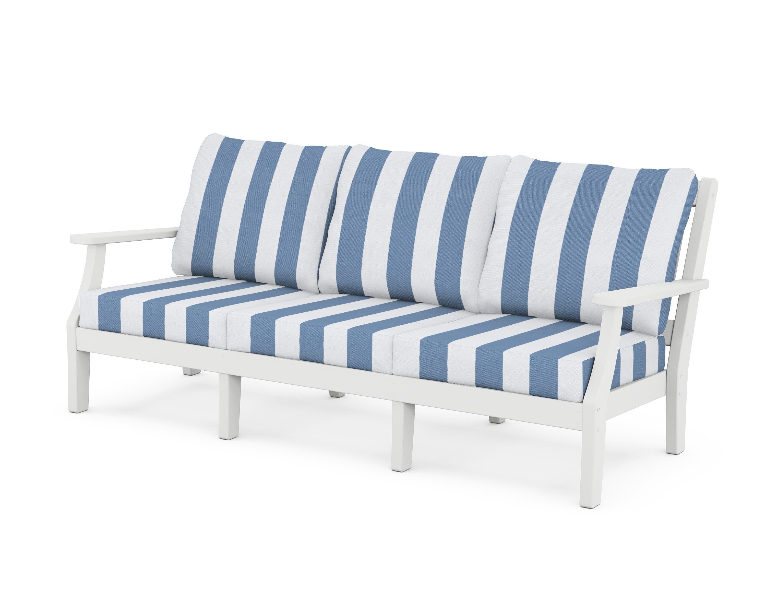 Chinoiserie Deep Seating Sofa in White / Cabana Stripe Sky Blue