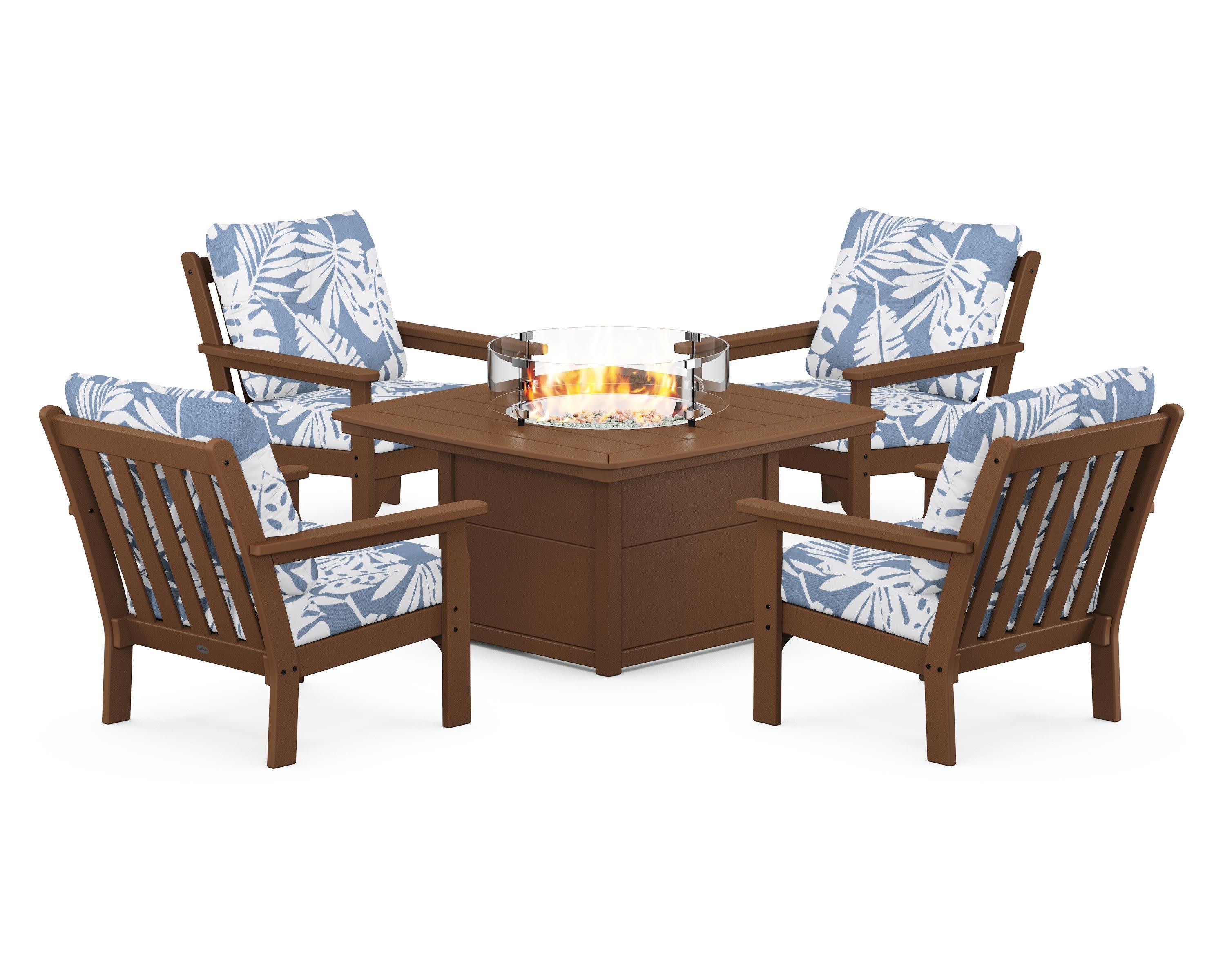 Vineyard 5-Piece Conversation Set with Fire Pit Table in Teak / Leaf Sky Blue