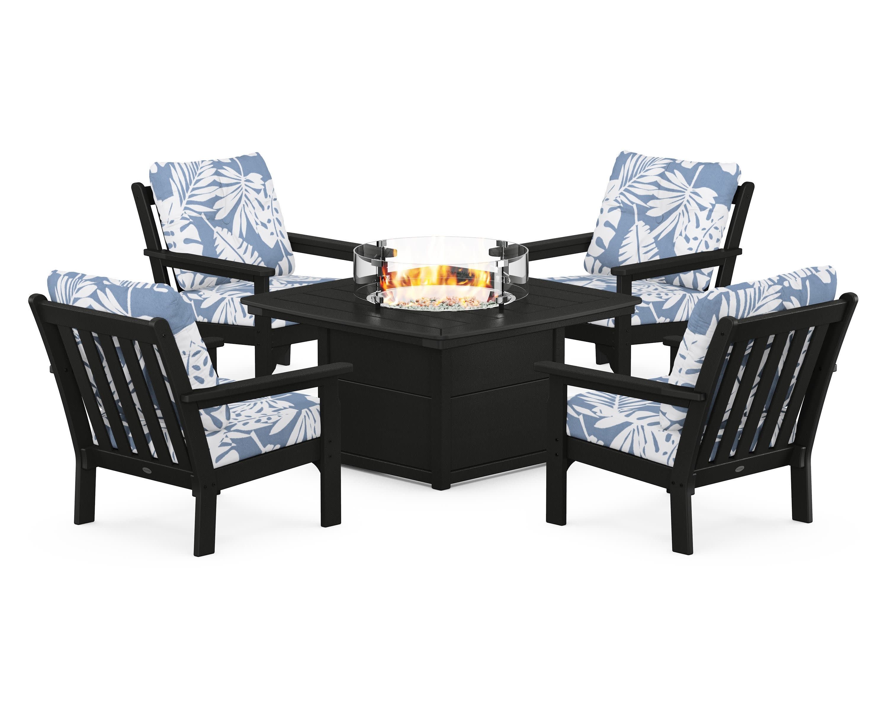 Vineyard 5-Piece Conversation Set with Fire Pit Table in Black / Leaf Sky Blue