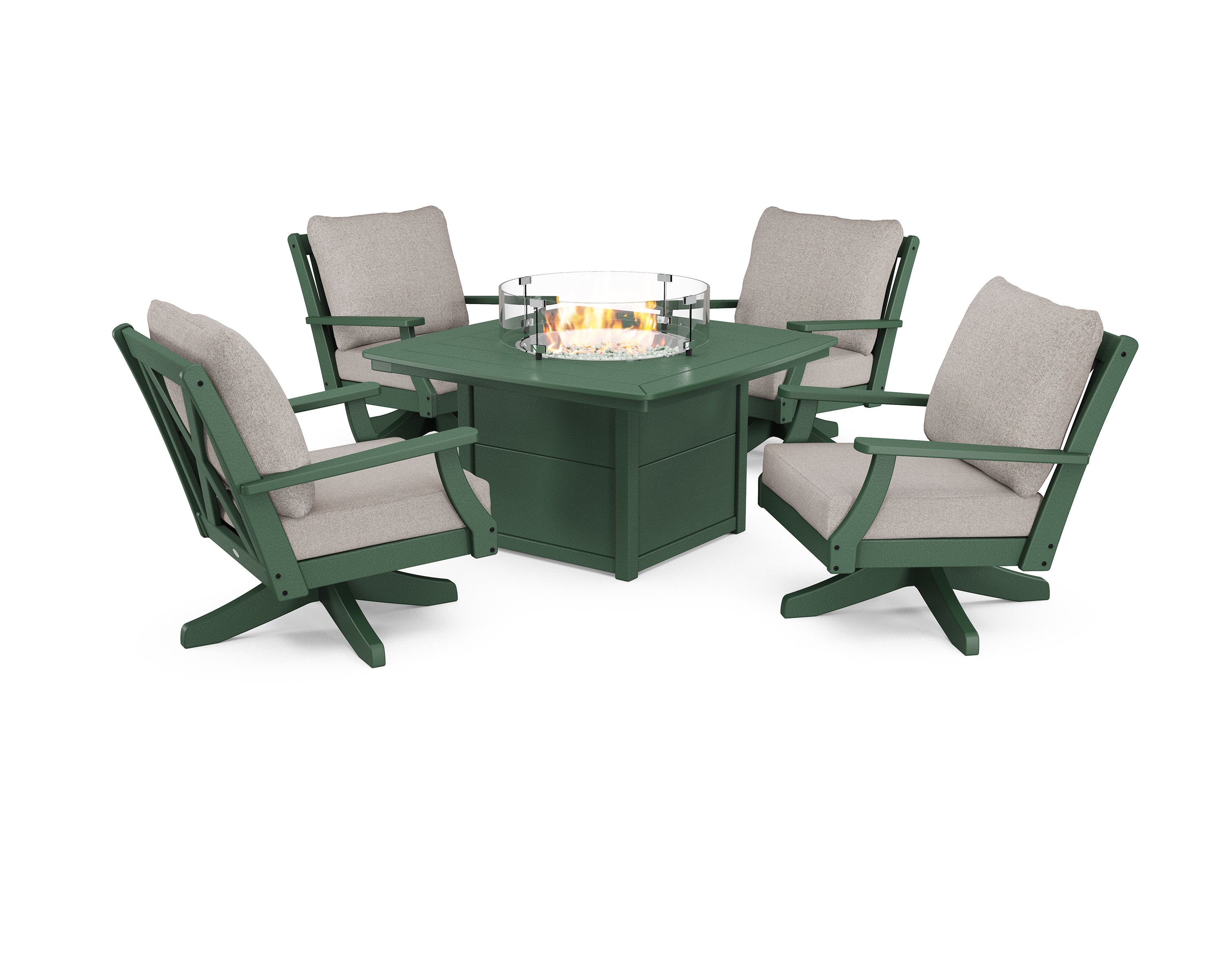 Braxton 5-Piece Deep Seating Swivel Conversation Set with Fire Pit Table in Green / Weathered Tweed