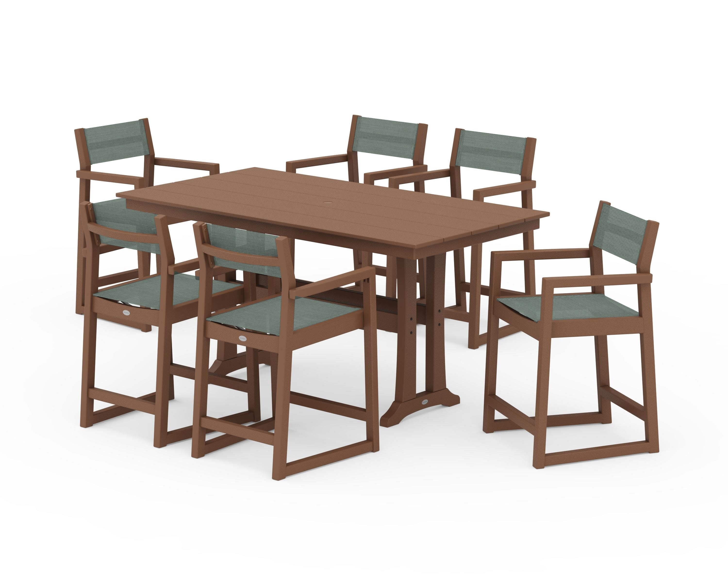 EDGE Sling Arm Chair 7-Piece Farmhouse Counter Set with Trestle Legs in Teak / Dupioni Sea Mist Sling
