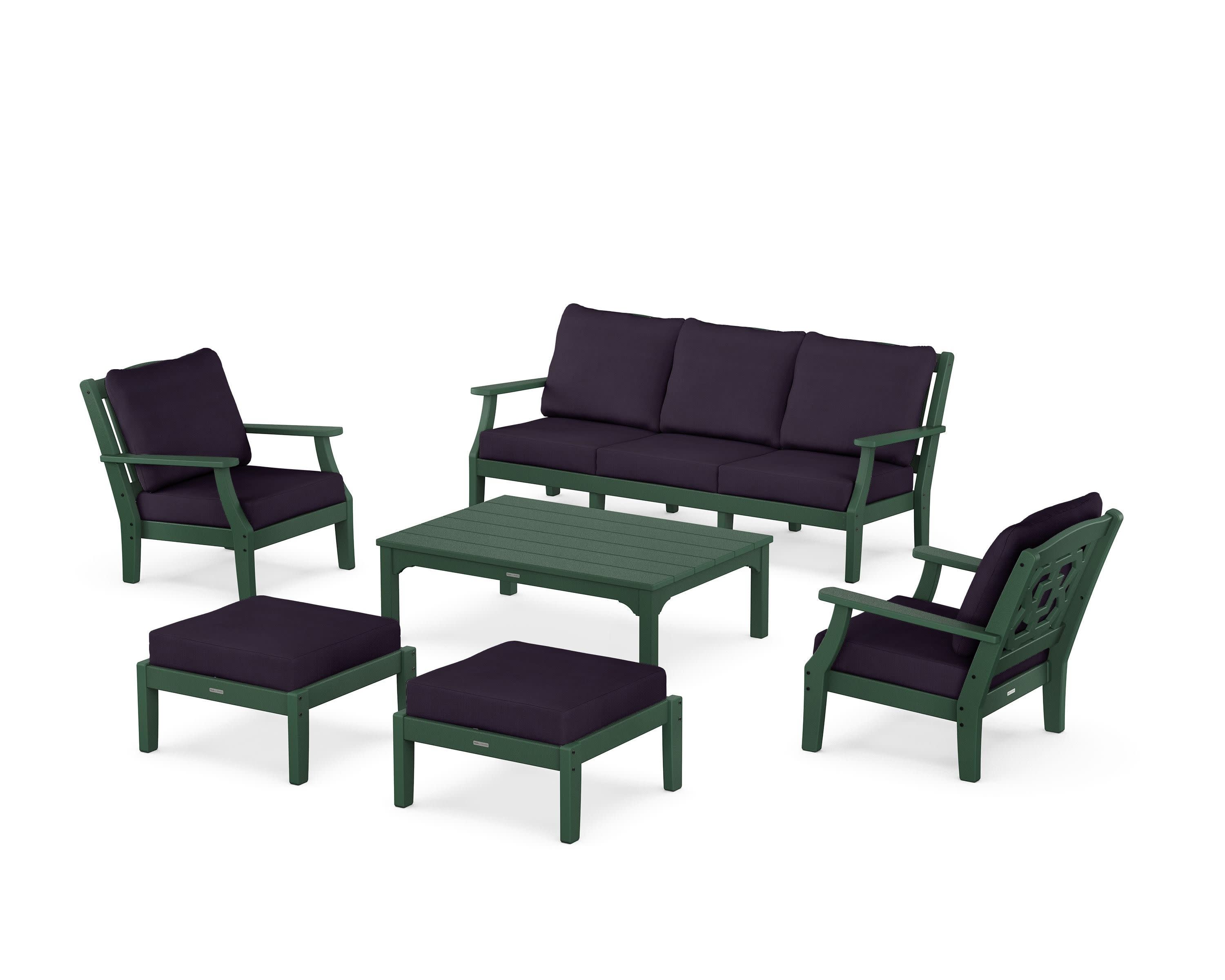 Chinoiserie 6-Piece Lounge Sofa Set in Green / Navy Linen